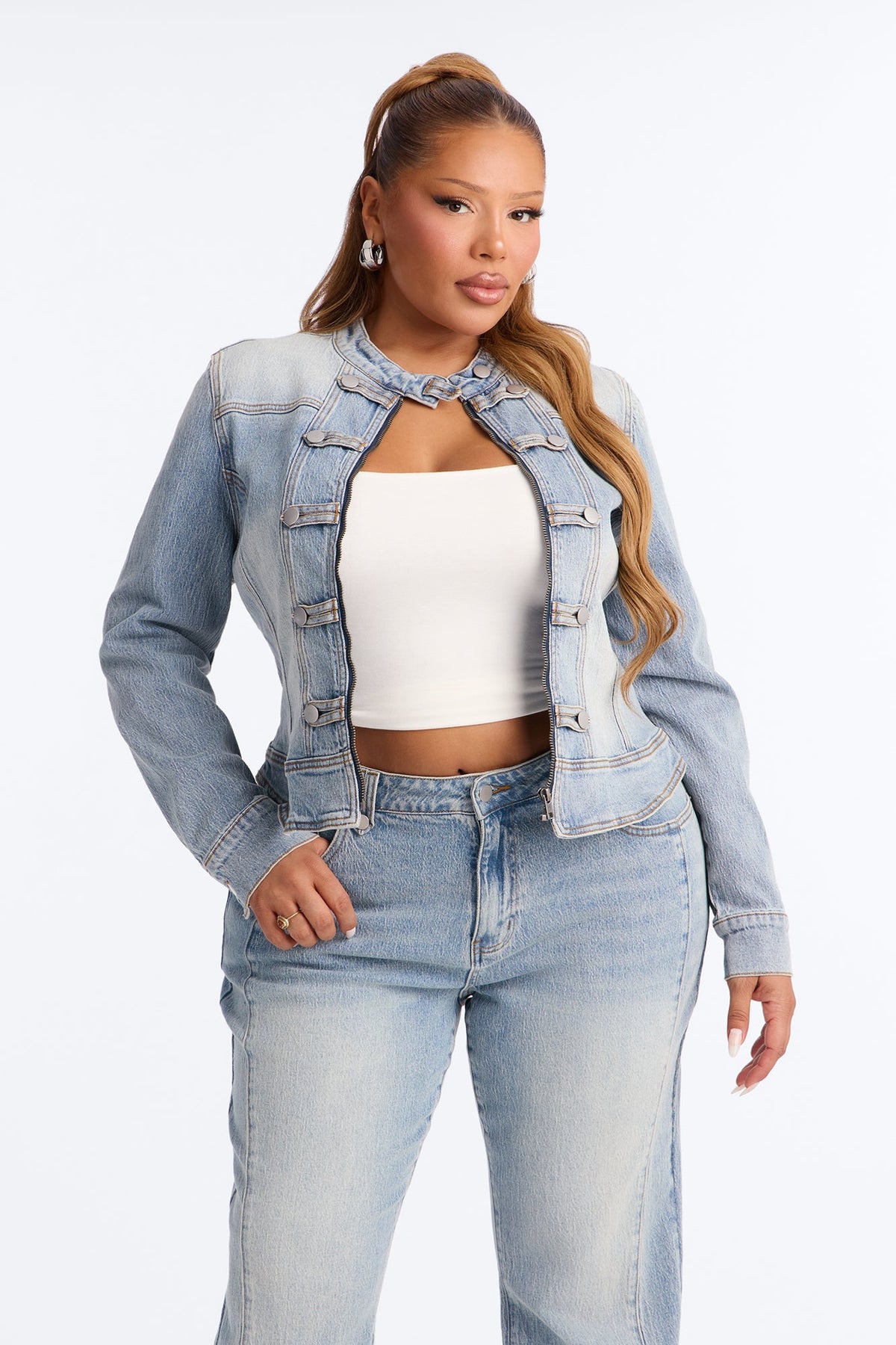 Total Surrender Zip Up Stretch Denim Jacket - Light Wash