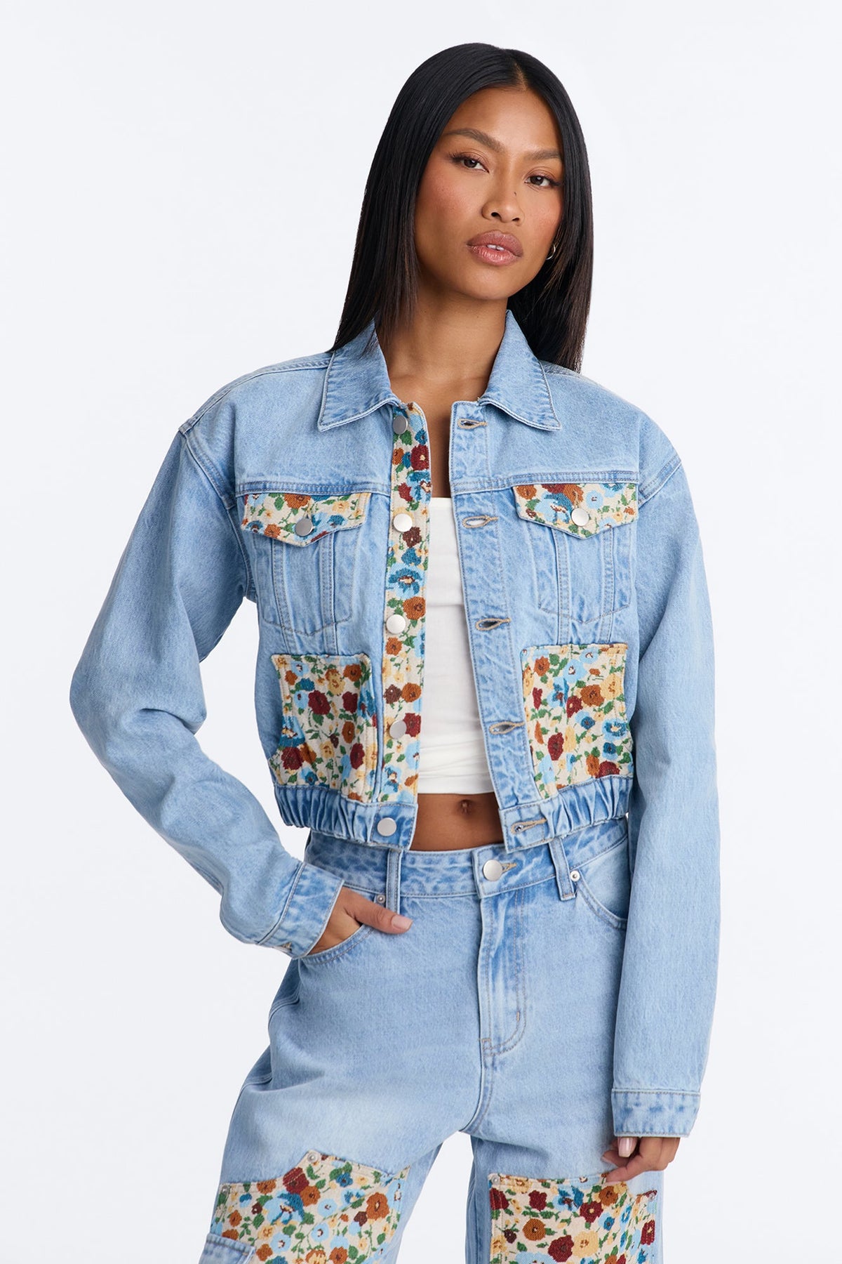 Keepsake Tapestry Denim Bomber Jacket - Light Wash