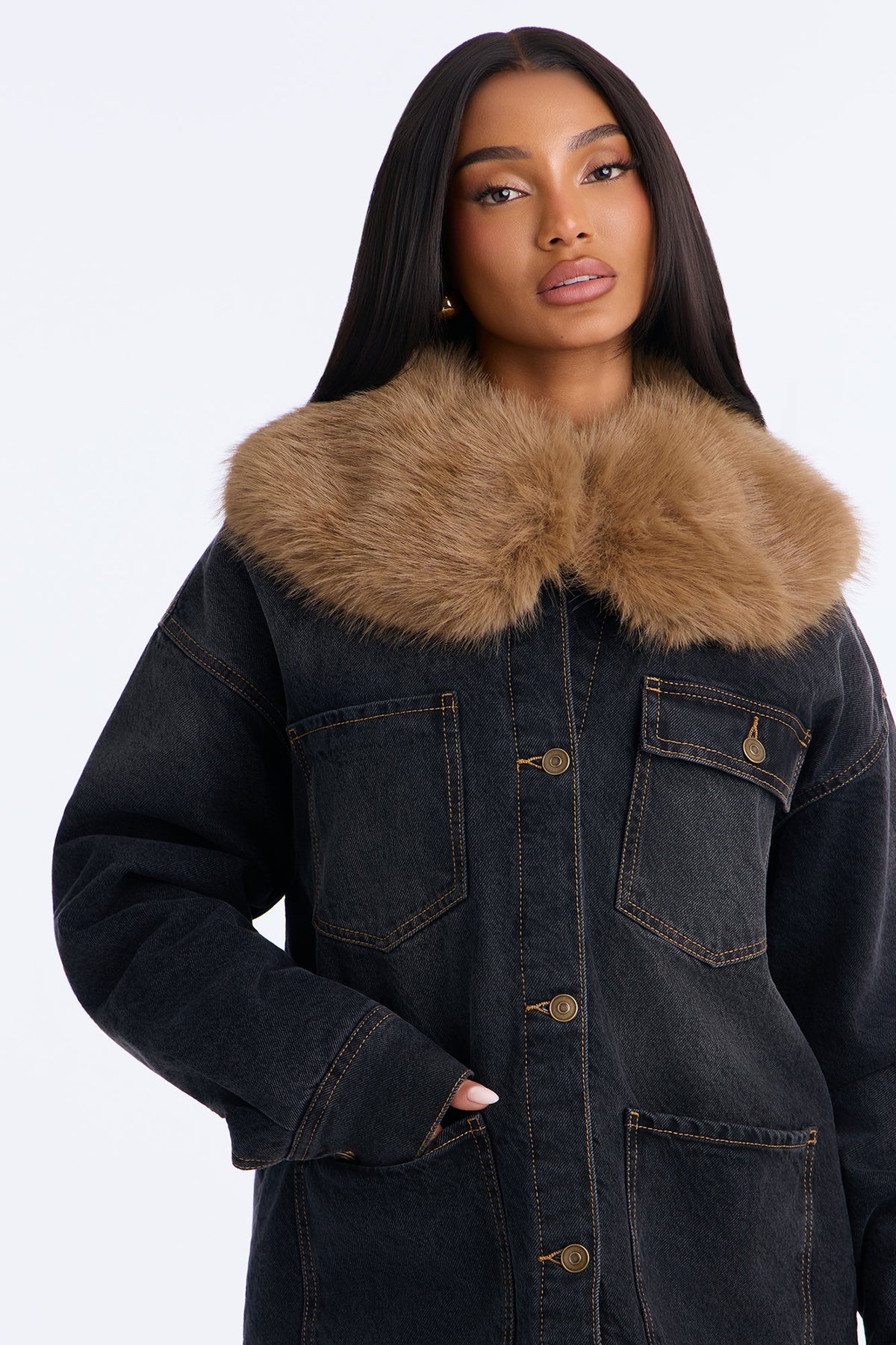 Warm Regards Faux Fur Lined Denim Jacket - Black Wash