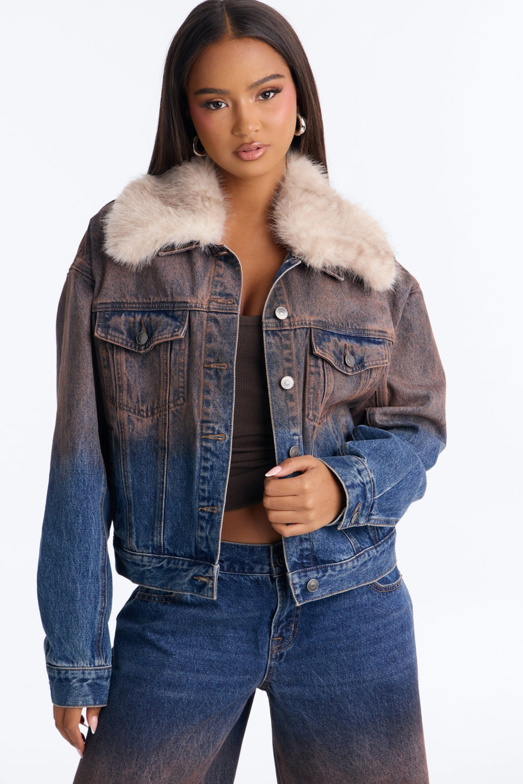 Vienna Faux Fur Denim Trucker Jacket - Brown Combo