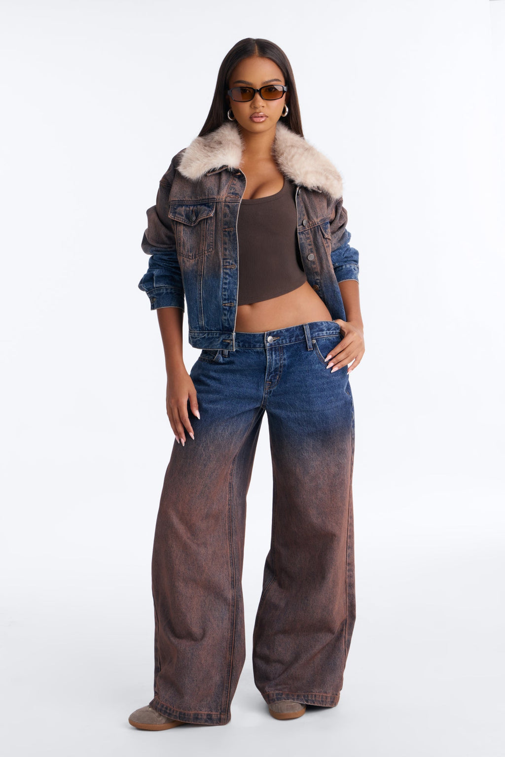 Vienna Faux Fur Denim Trucker Jacket - Brown Combo
