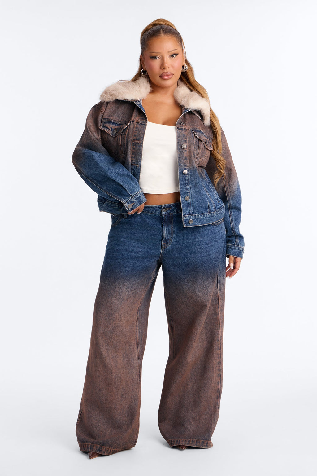 Vienna Faux Fur Denim Trucker Jacket - Brown Combo