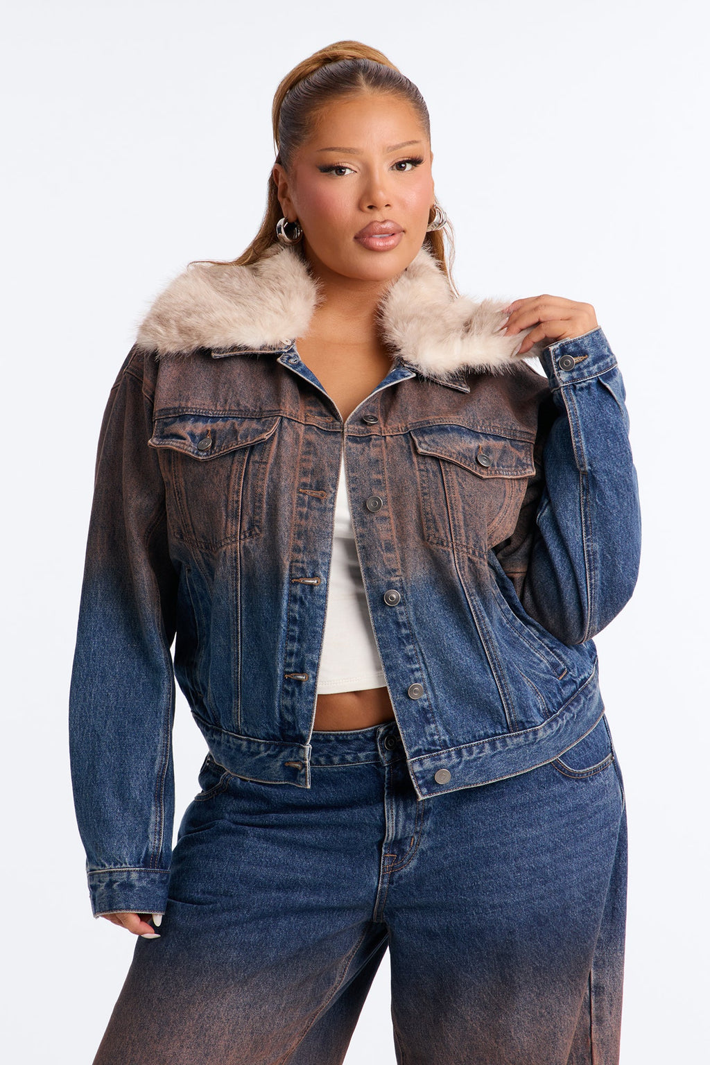 Vienna Faux Fur Denim Trucker Jacket - Brown Combo