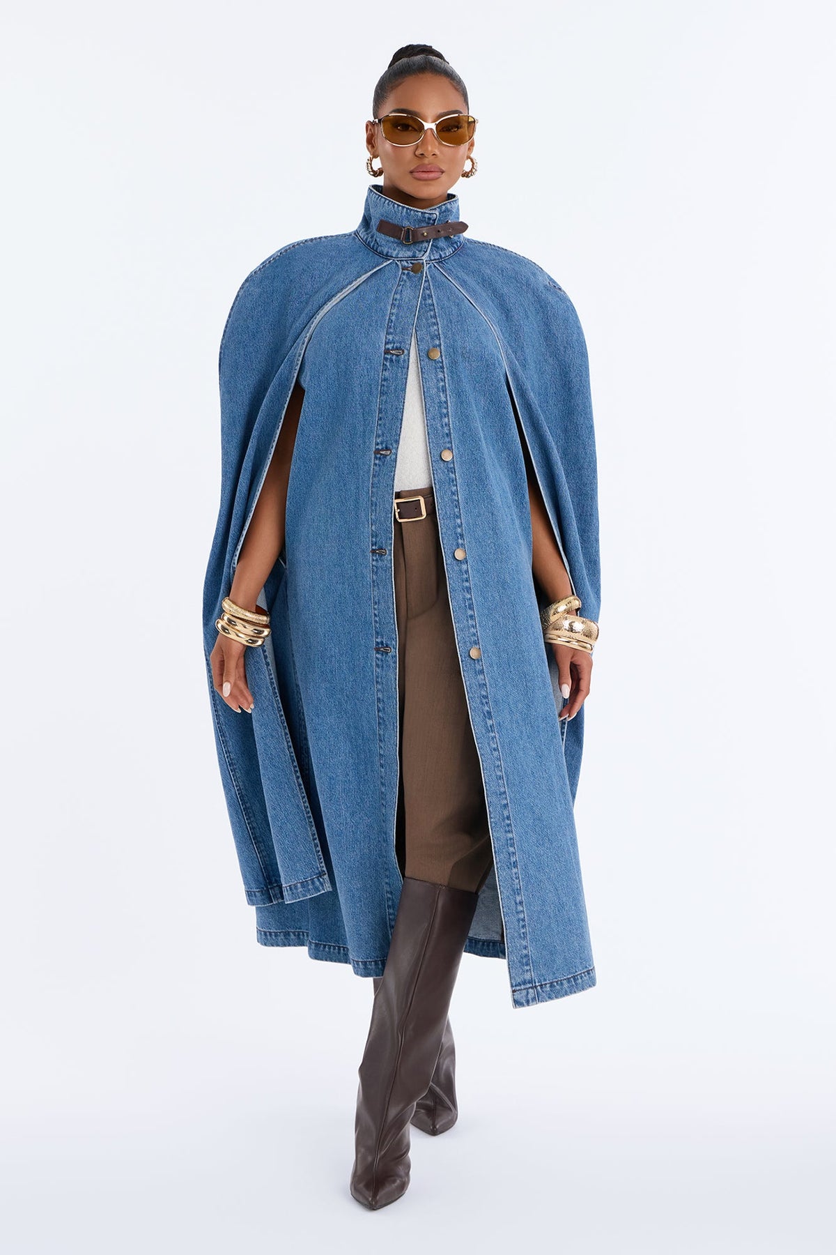 Head Over Heels Poncho Cape Long Denim Jacket - Medium Wash