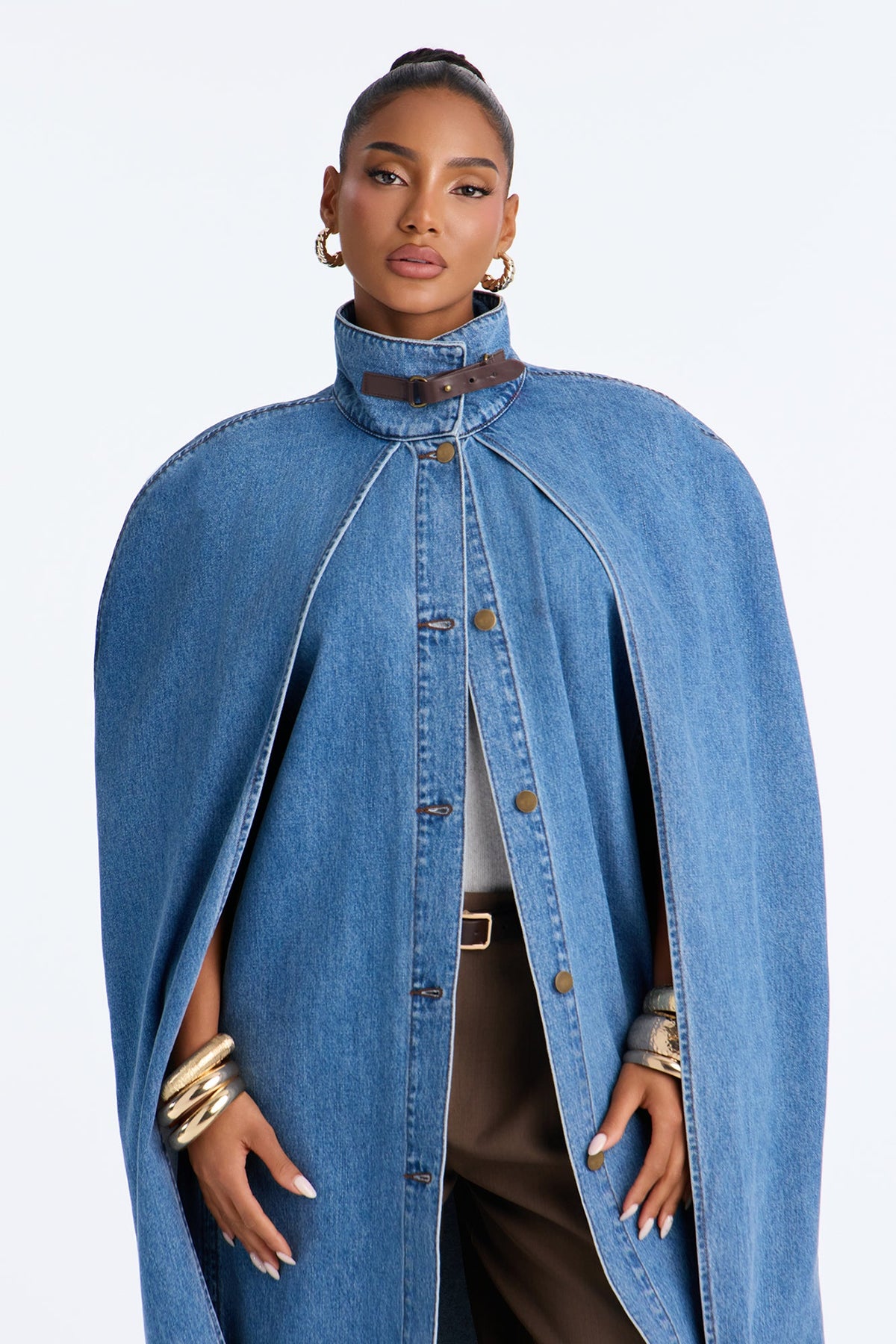 Head Over Heels Poncho Cape Long Denim Jacket - Medium Wash