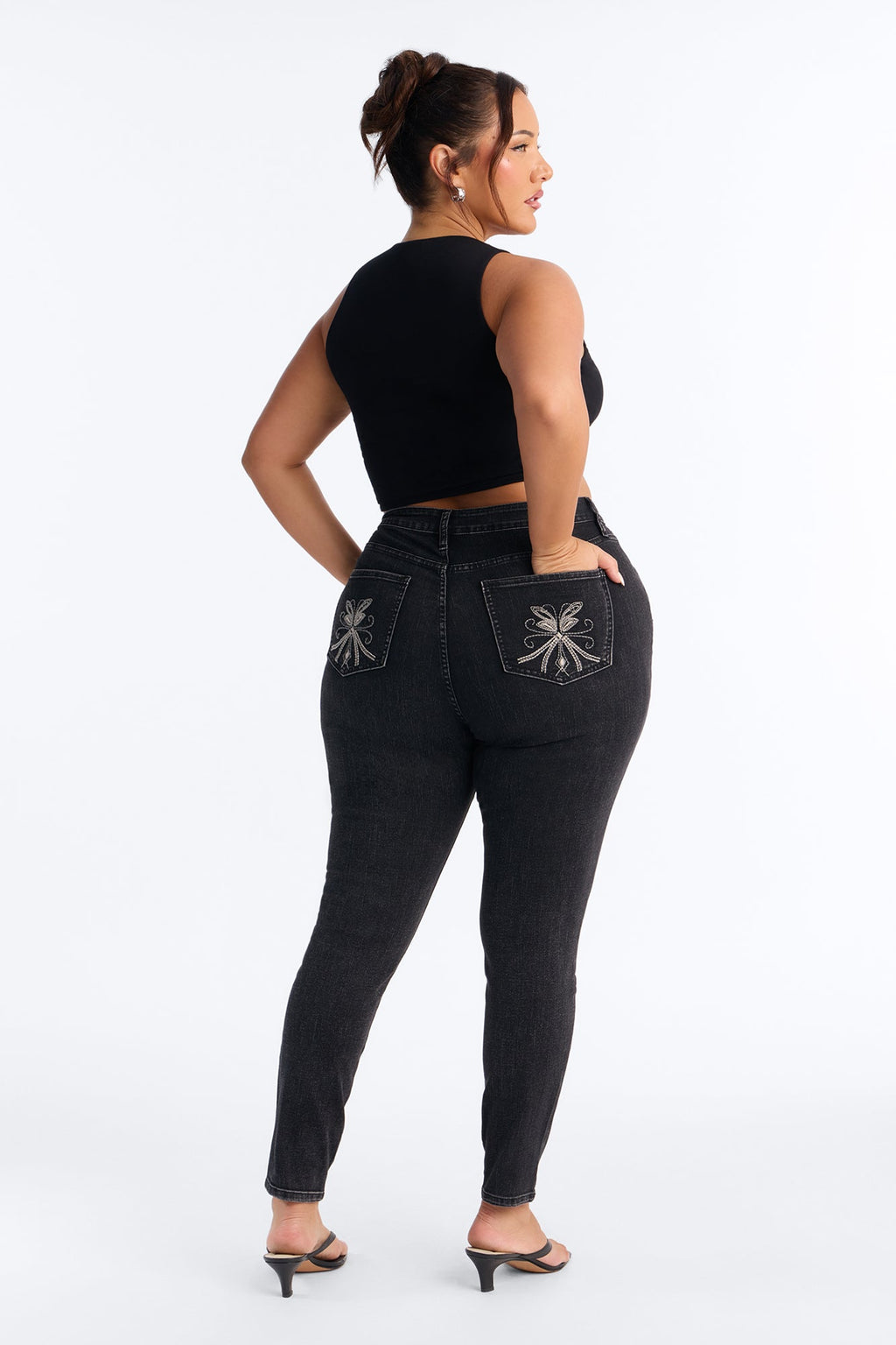 Ashtin High Rise Embroidered Skinny Jeans - Black Wash