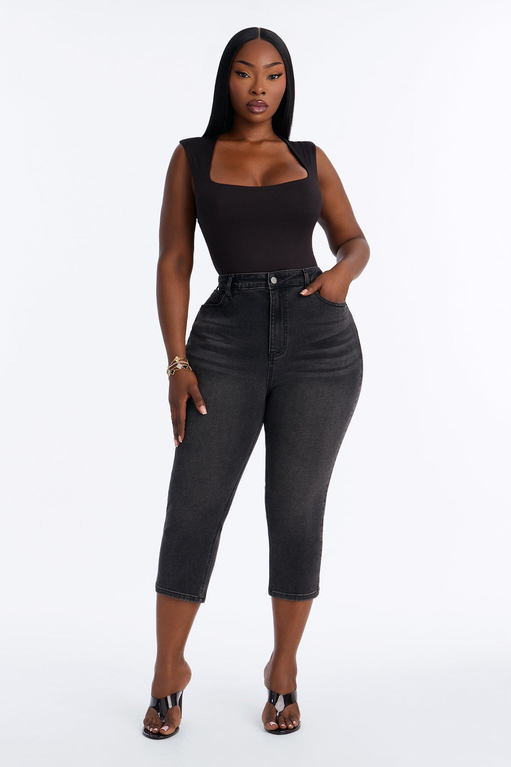 Classic Curvy High Rise Stretch Capri Skinny Jeans - Black Wash