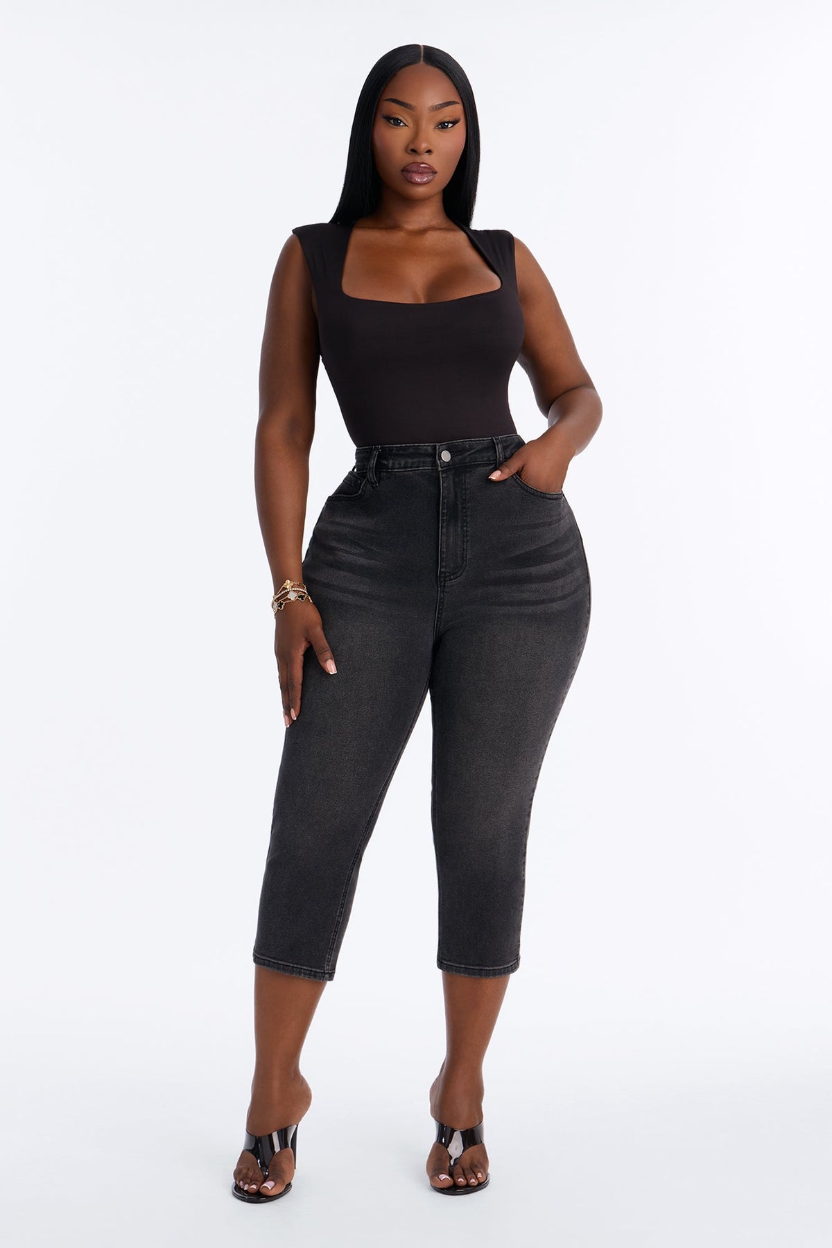 Classic Curvy High Rise Stretch Capri Skinny Jeans - Black Wash