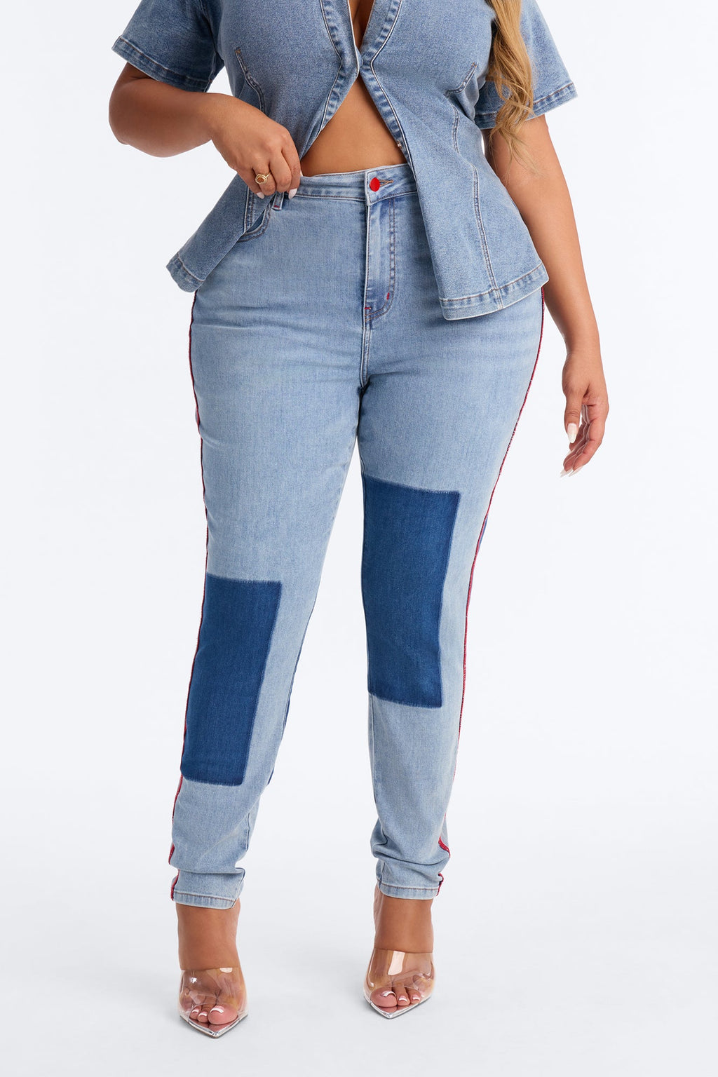 Fast Track Two Tone High Rise Skinny Jeans - Medium Wash
