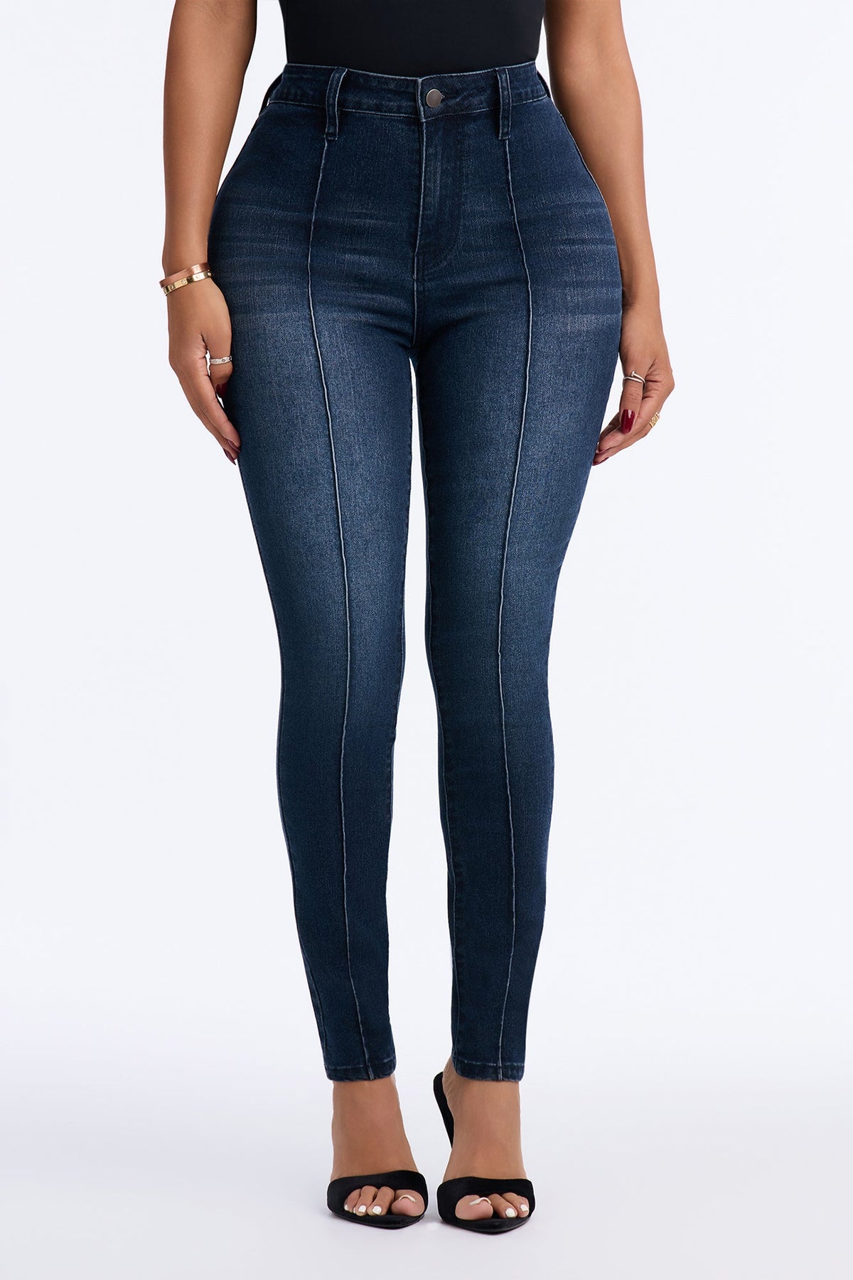 Meridian High Rise Stretch Pintuck Skinny Jeans - Dark Wash