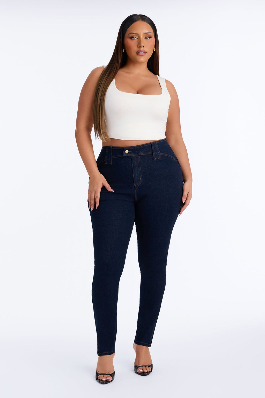 Hit It Compression Stretch High Rise Skinny Jeans - Dark Wash