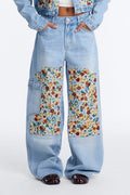 Keepsake Tapestry Cargo Wide Leg Jeans - Light Wash