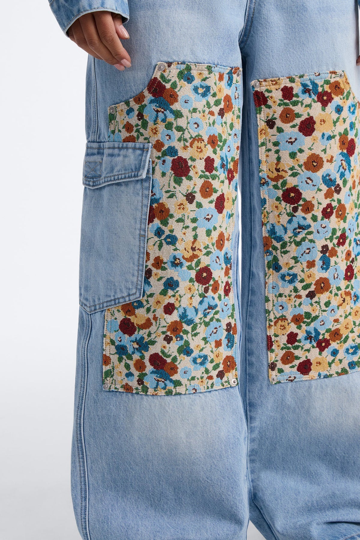 Keepsake Tapestry Cargo Wide Leg Jeans - Light Wash
