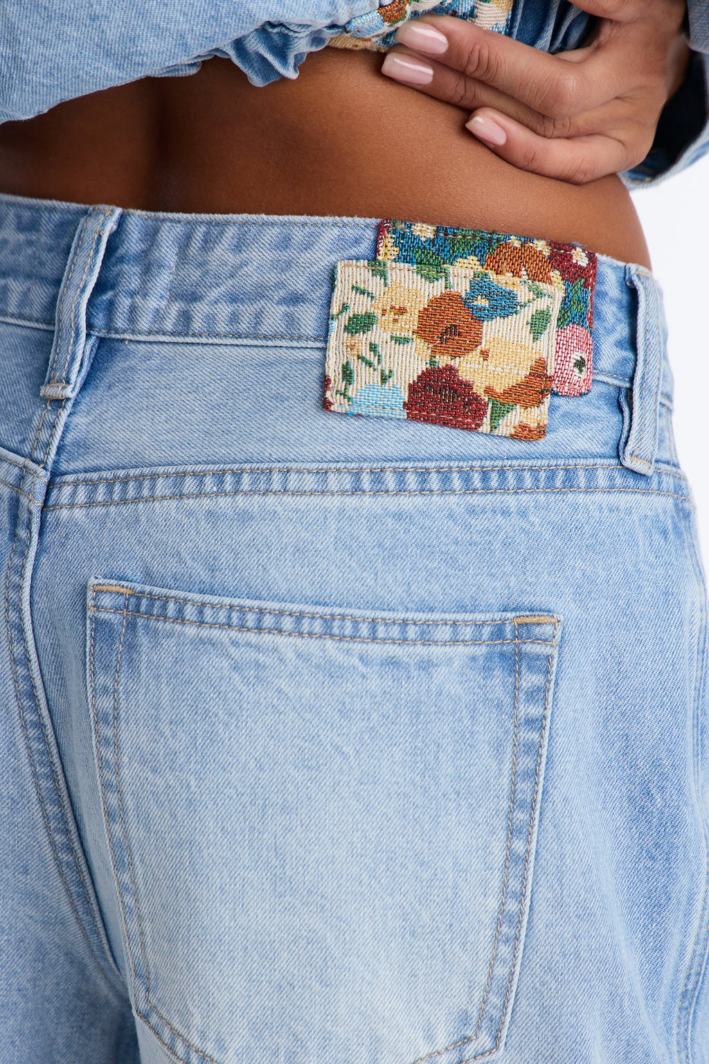 Keepsake Tapestry Cargo Wide Leg Jeans - Light Wash