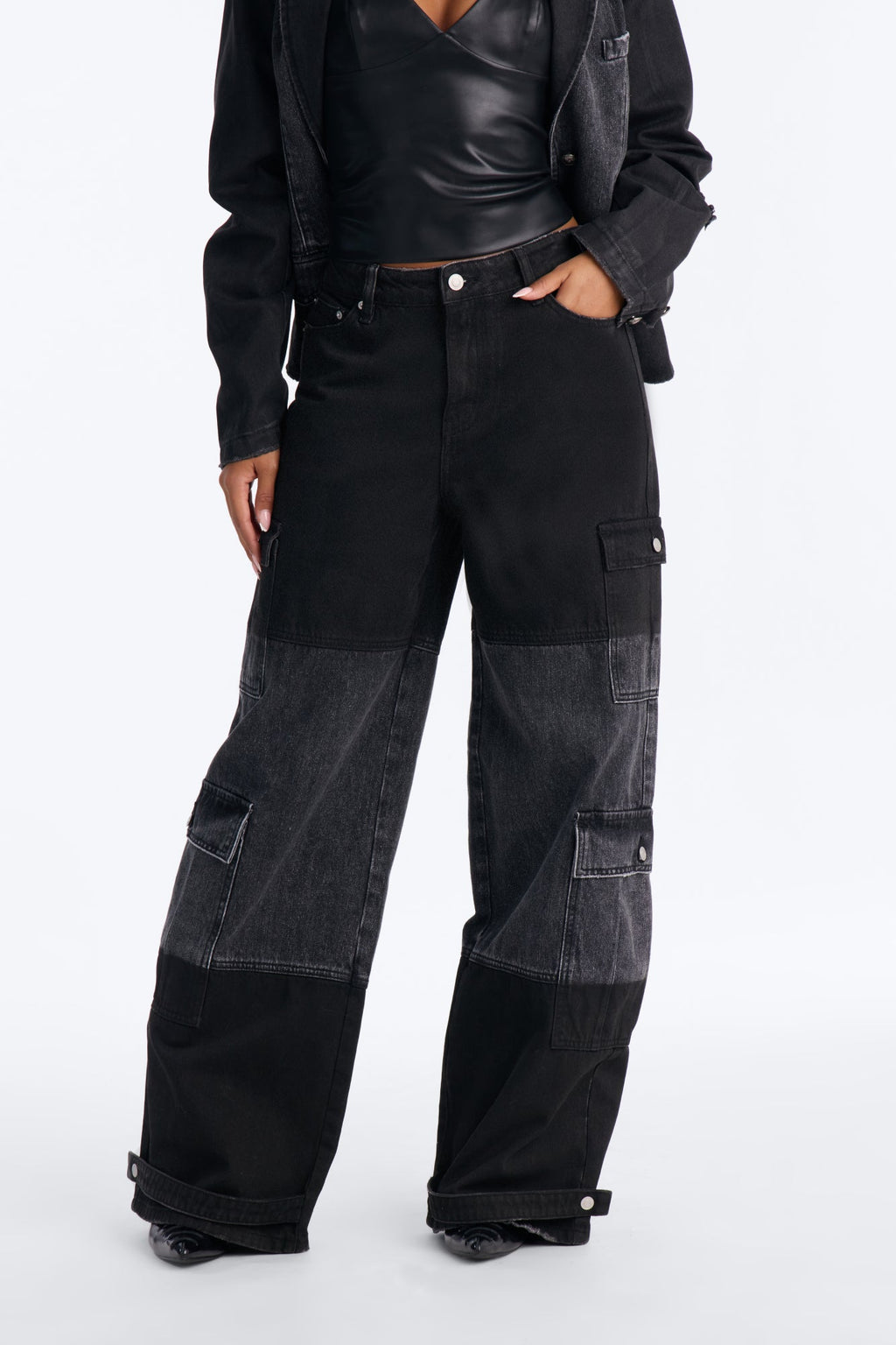 Winona Cargo Adjustable Hem Coated Jeans - Black Wash