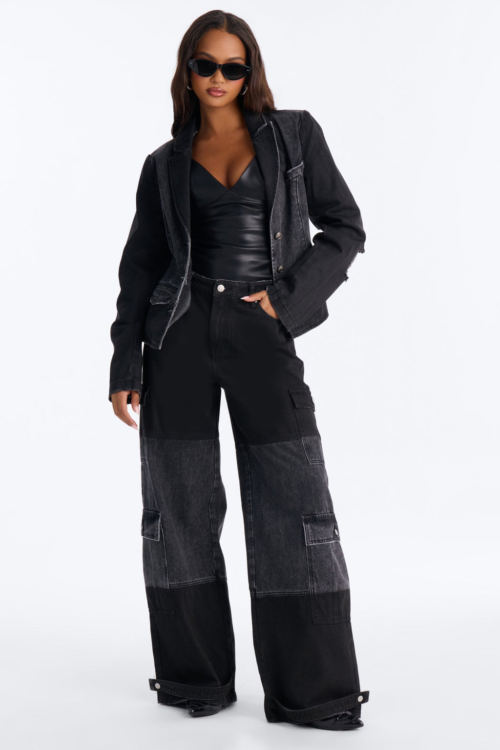 Winona Cargo Adjustable Hem Coated Jeans - Black Wash