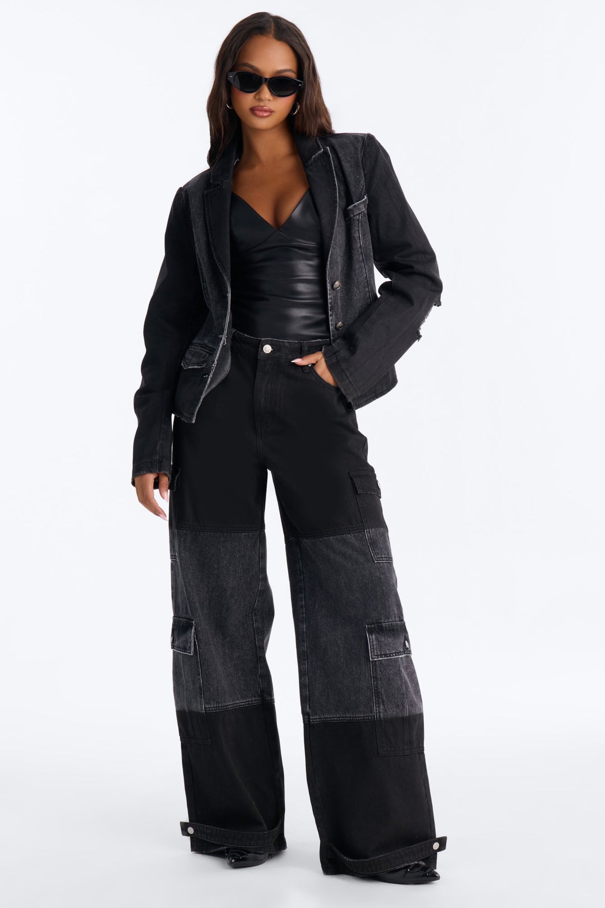 Winona Cargo Adjustable Hem Coated Jeans - Black Wash
