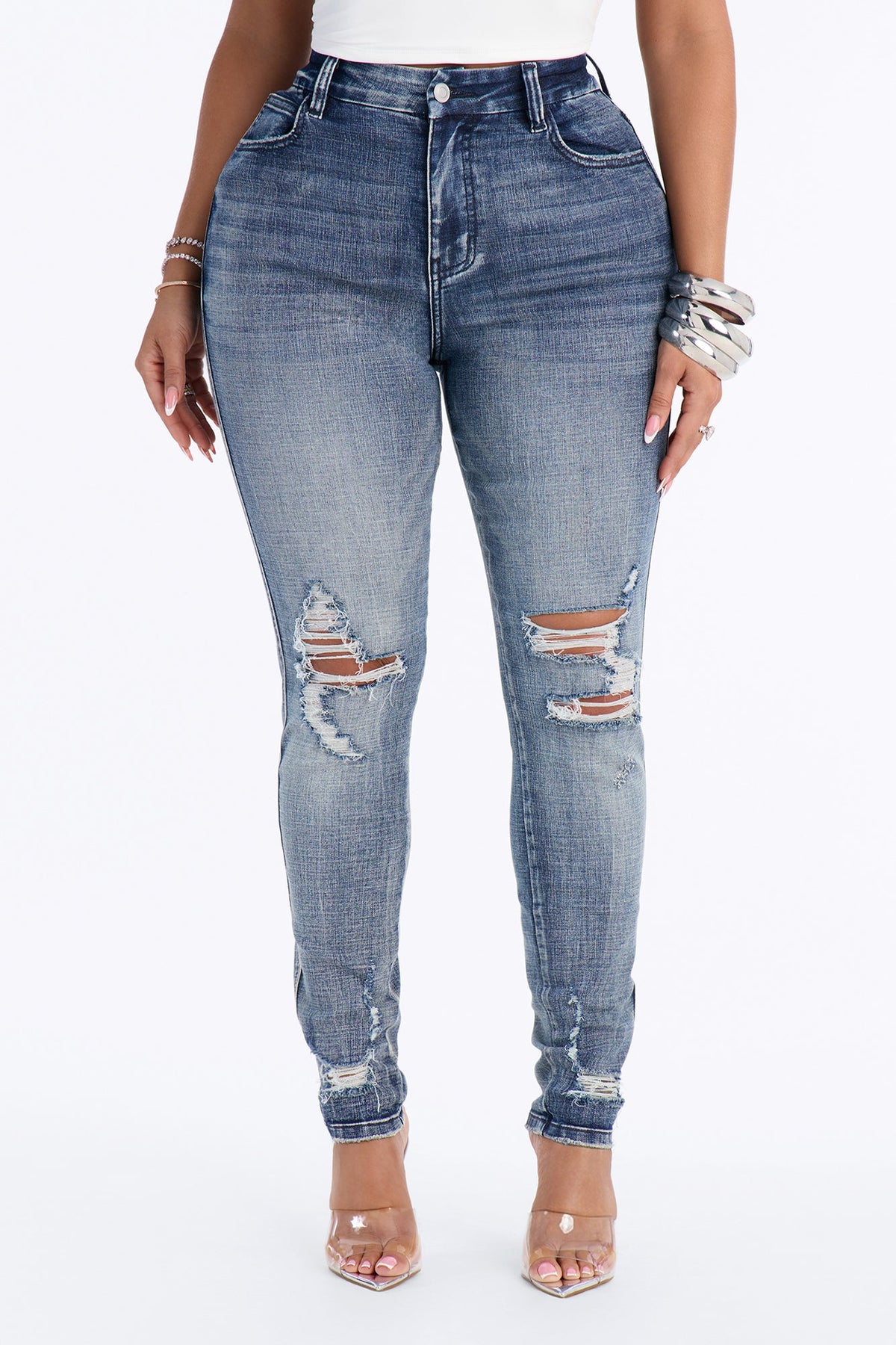 Long Story Short Ripped Sculpting Stretch Skinny Jeans - Medium Wash