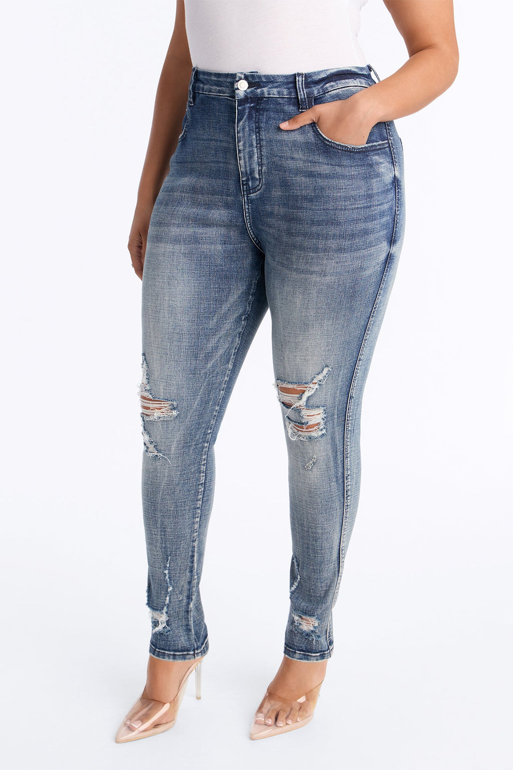 Long Story Short Ripped Sculpting Stretch Skinny Jeans - Medium Wash