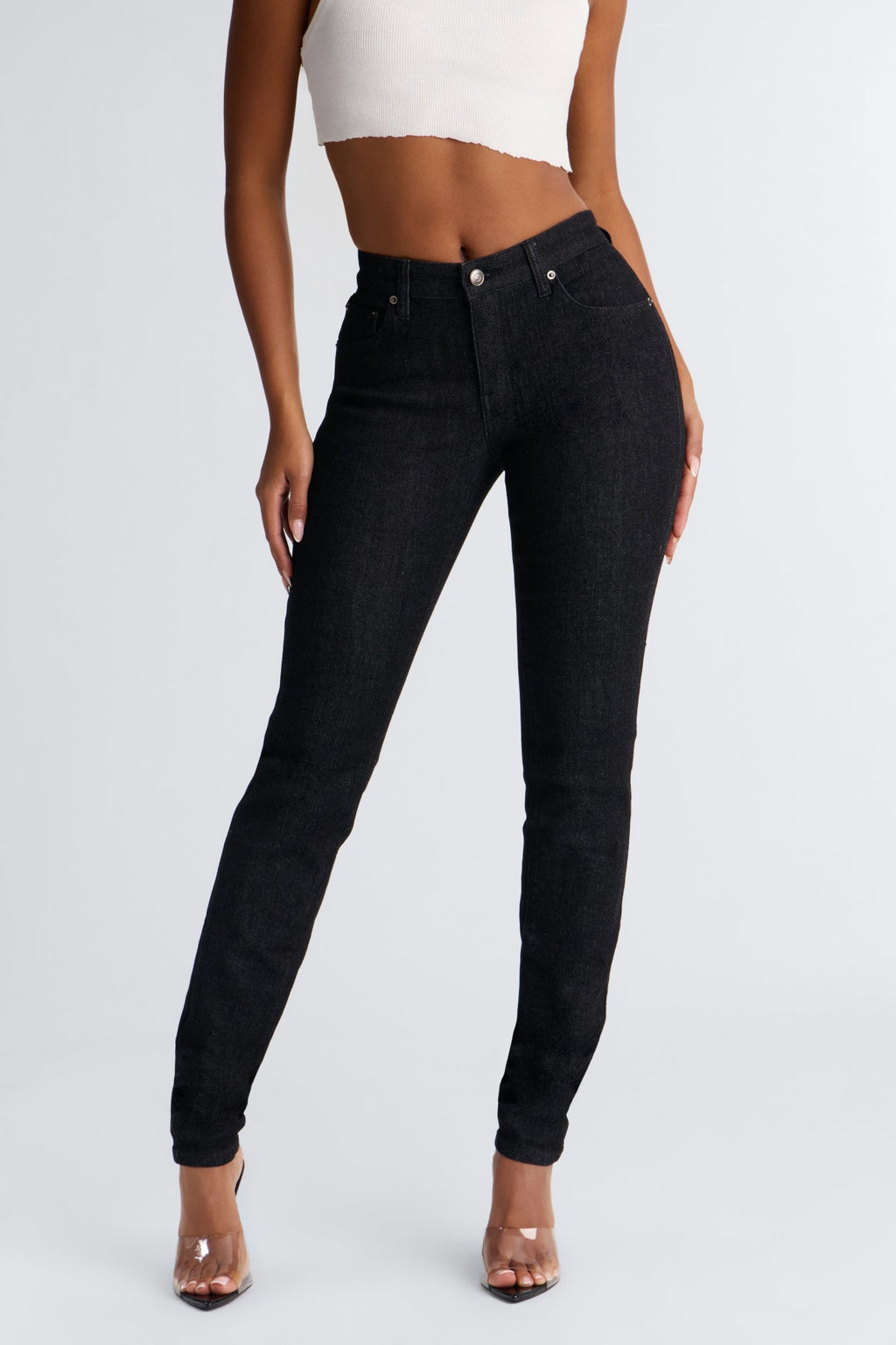 You Feel Me Stacked Long Length Stretch Skinny Jeans - Black