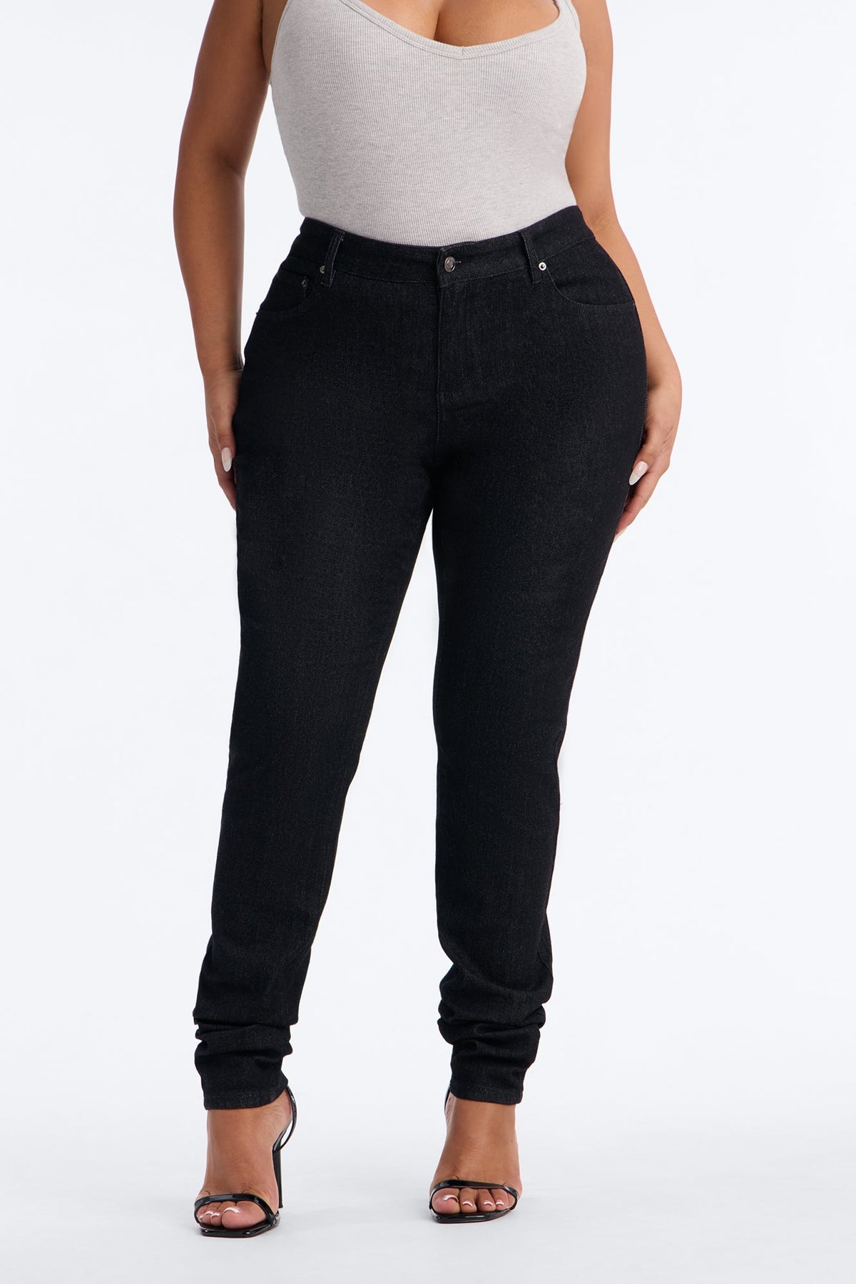 You Feel Me Stacked Long Length Stretch Skinny Jeans - Black