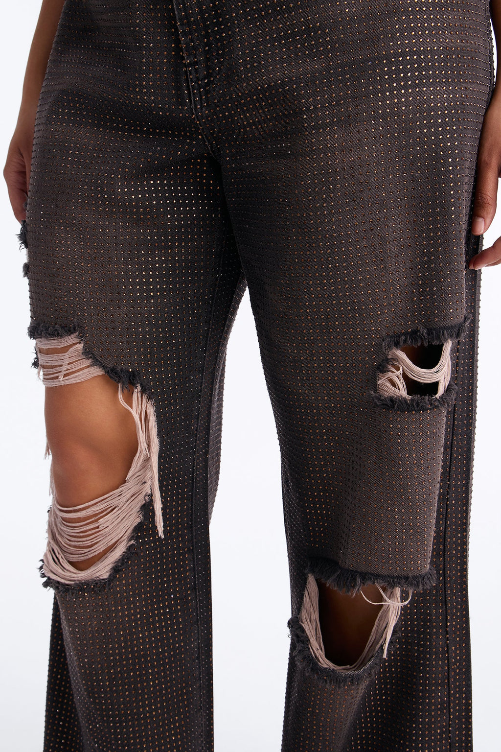 Show Off Rhinestone Embellished Ripped Wide Leg Jeans - Brown