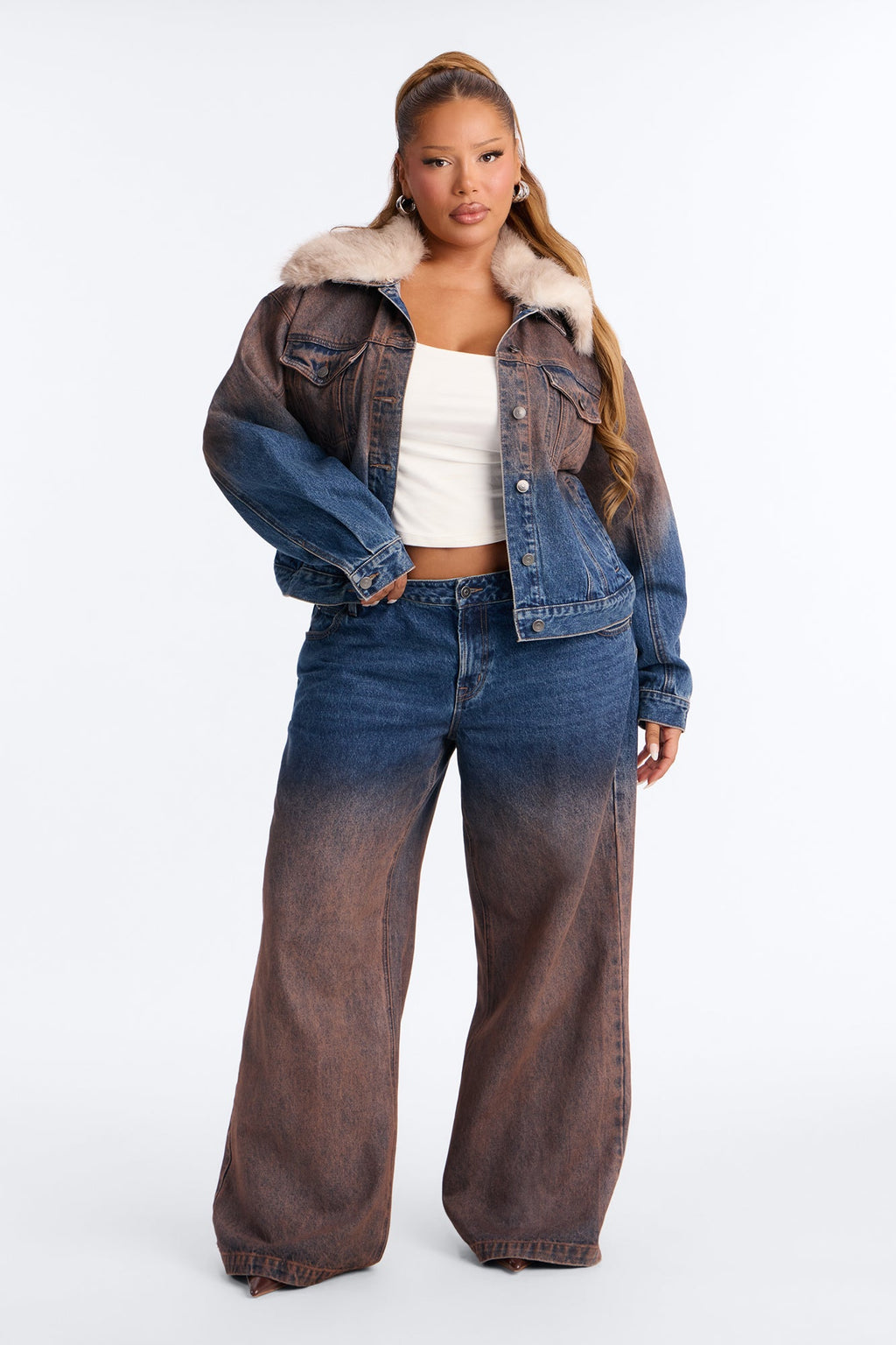 Vienna Two Tone Wide Leg Jeans - Brown Combo