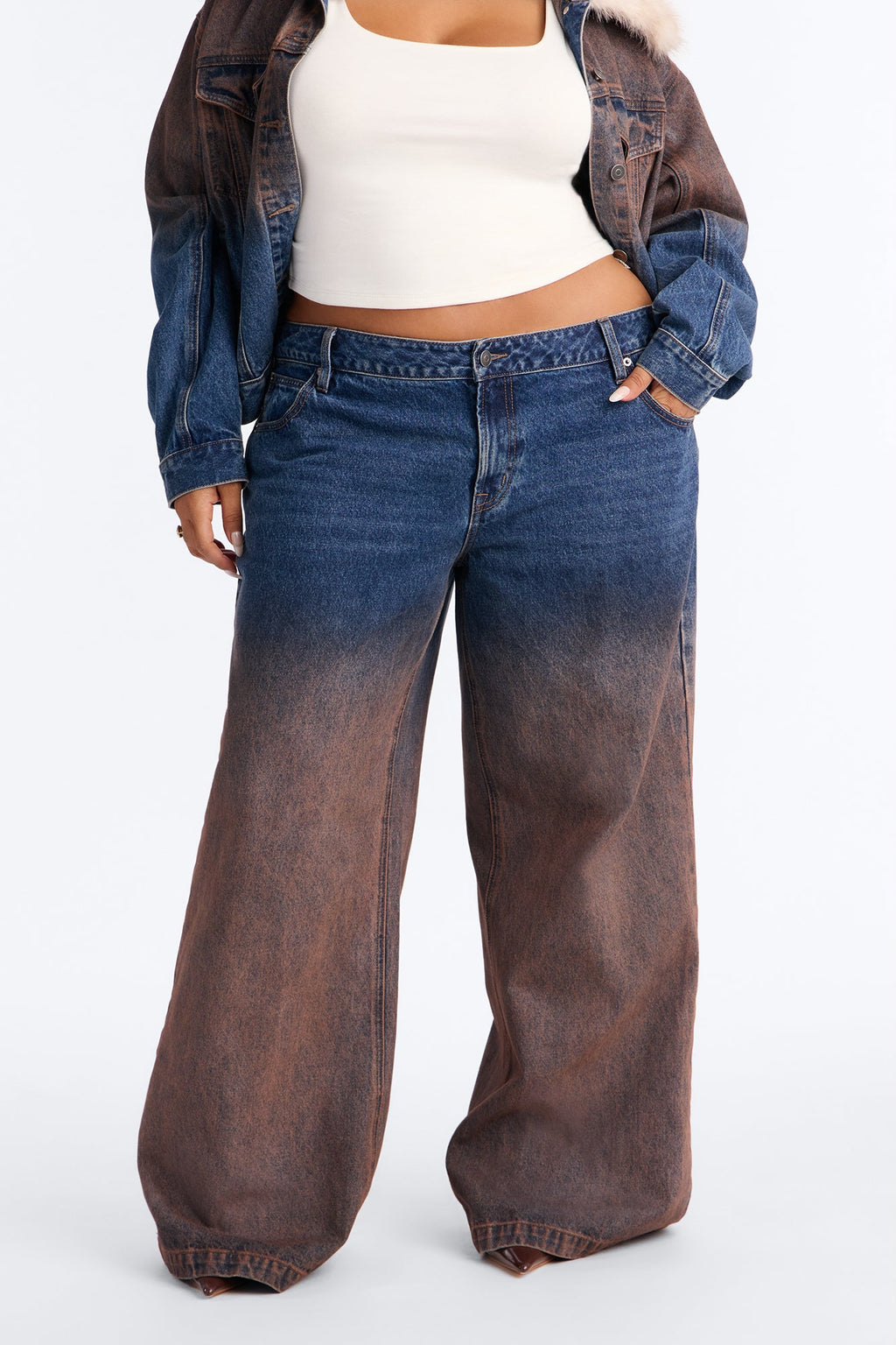 Vienna Two Tone Wide Leg Jeans - Brown Combo