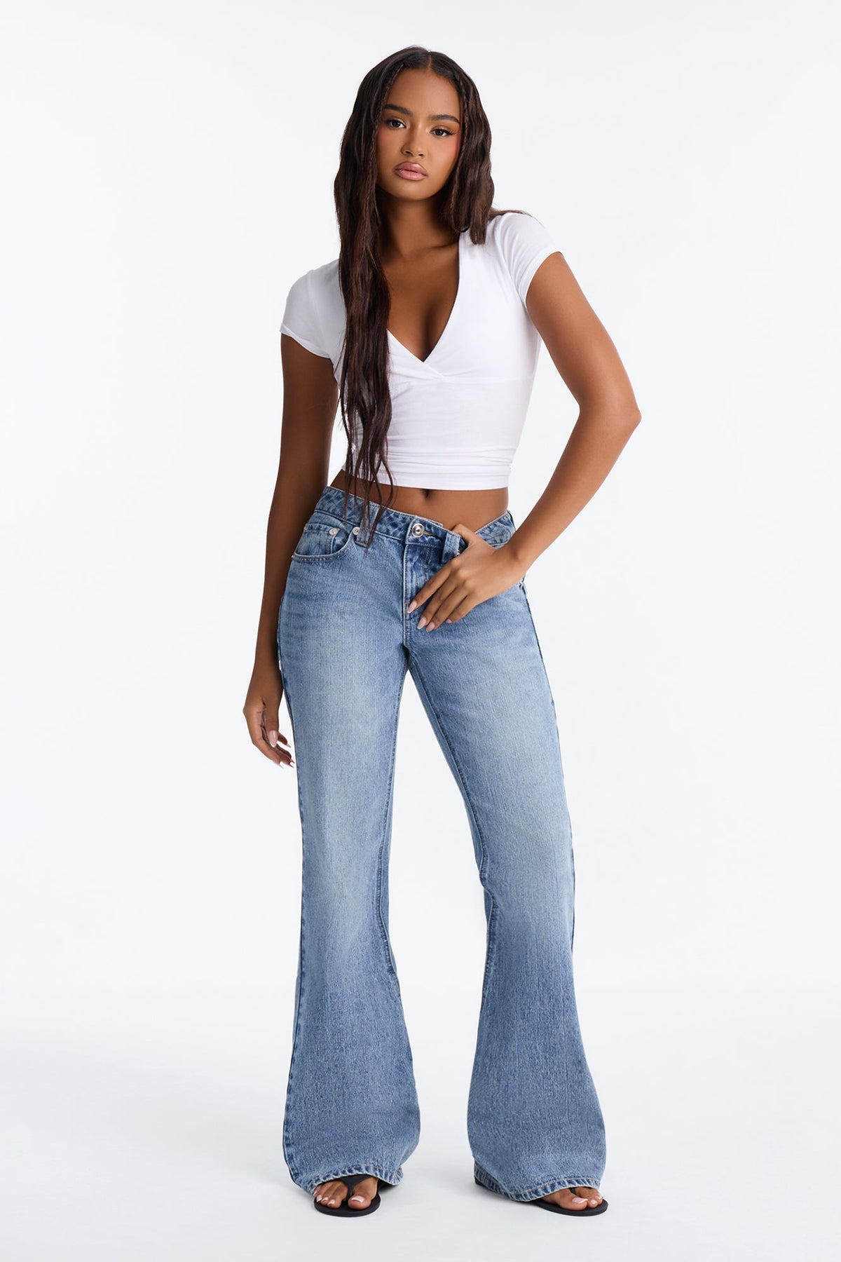 Ashley Low Rise Rigid Y2K Loose Flare Jeans - Medium Wash