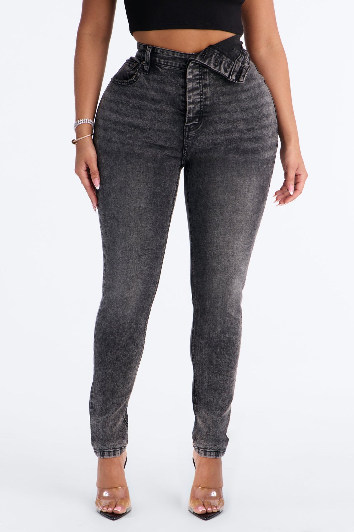 Yulia Foldover Waistband Stretch High Rise Skinny Jeans - Black Wash
