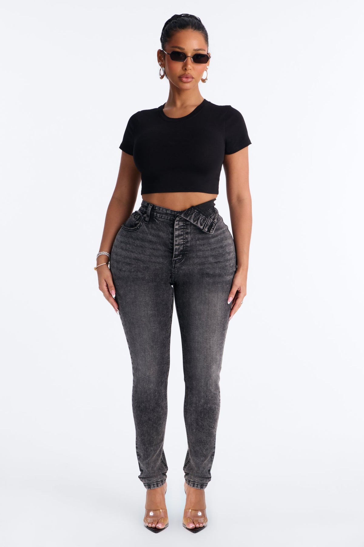 Yulia Foldover Waistband Stretch High Rise Skinny Jeans - Black Wash