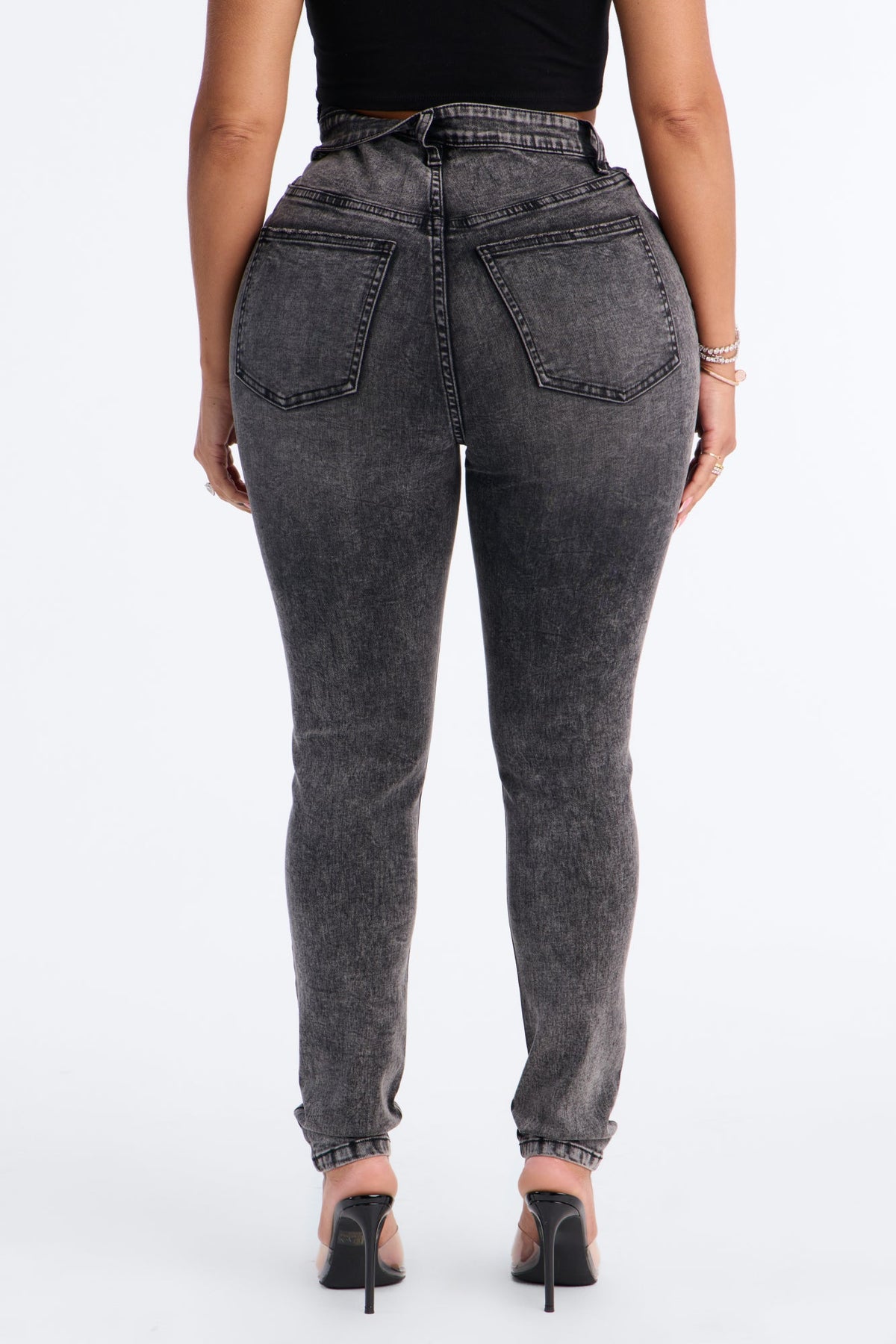 Yulia Foldover Waistband Stretch High Rise Skinny Jeans - Black Wash