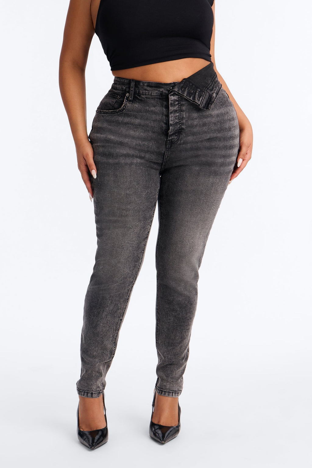 Yulia Foldover Waistband Stretch High Rise Skinny Jeans - Black Wash