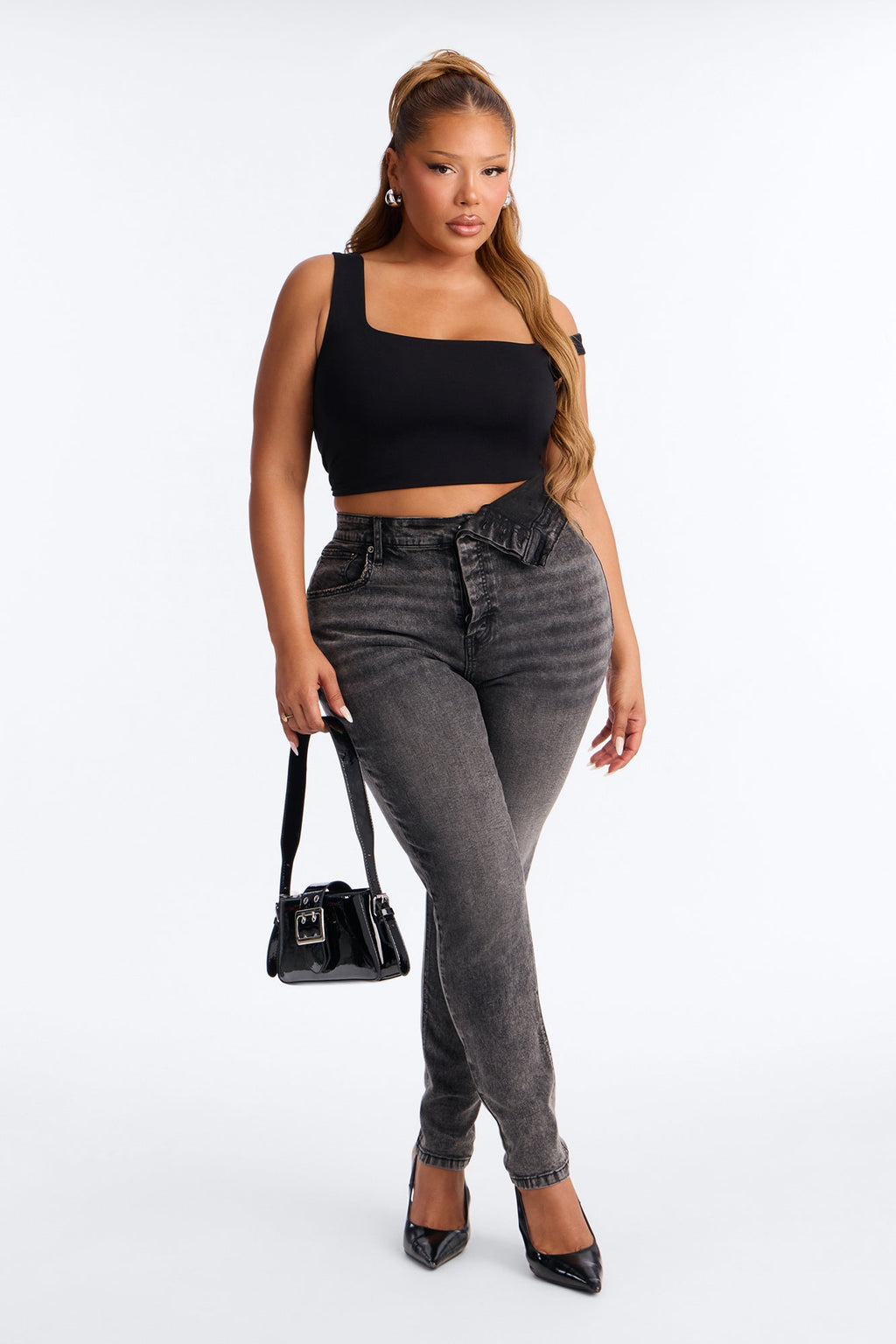Yulia Foldover Waistband Stretch High Rise Skinny Jeans - Black Wash