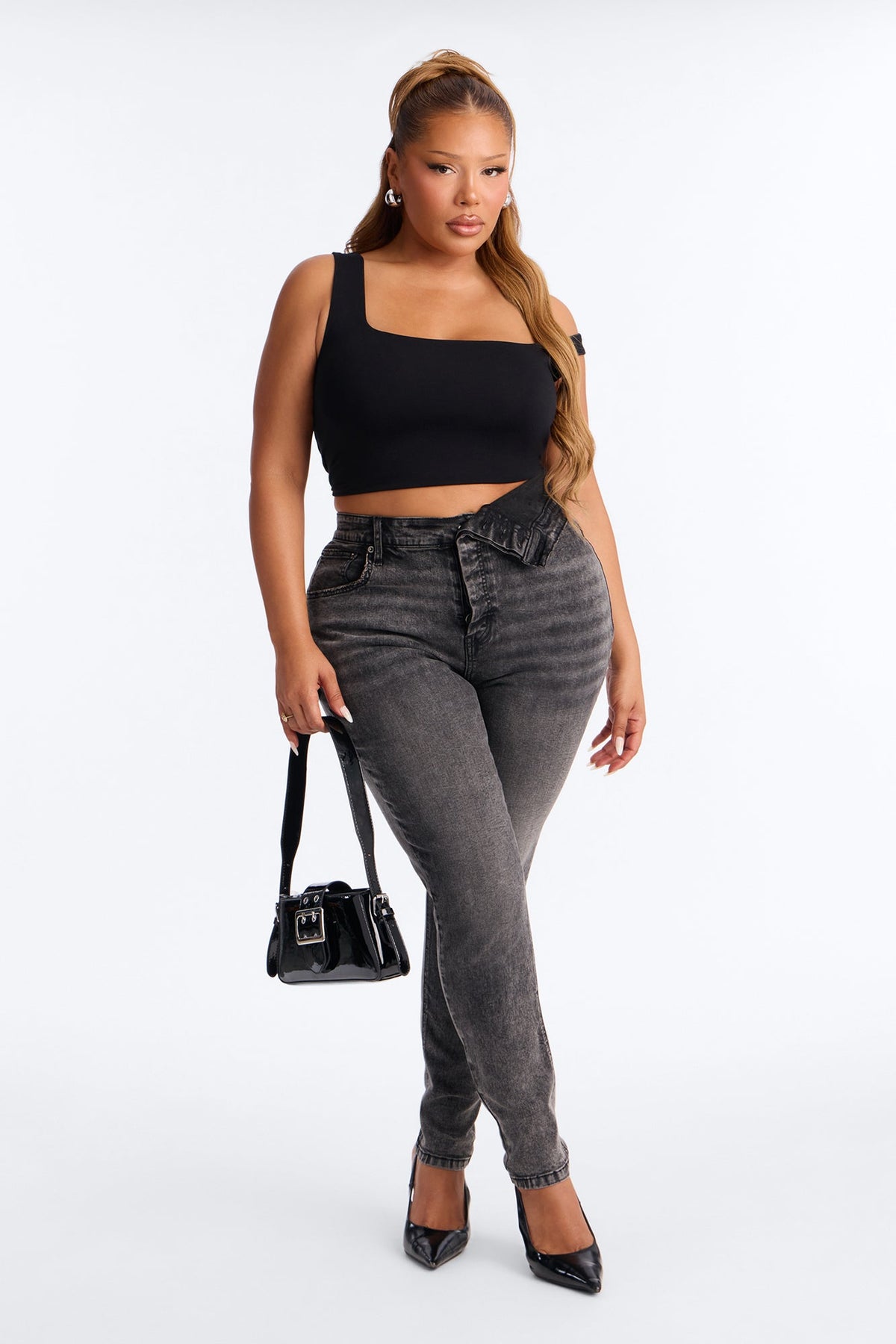 Yulia Foldover Waistband Stretch High Rise Skinny Jeans - Black Wash
