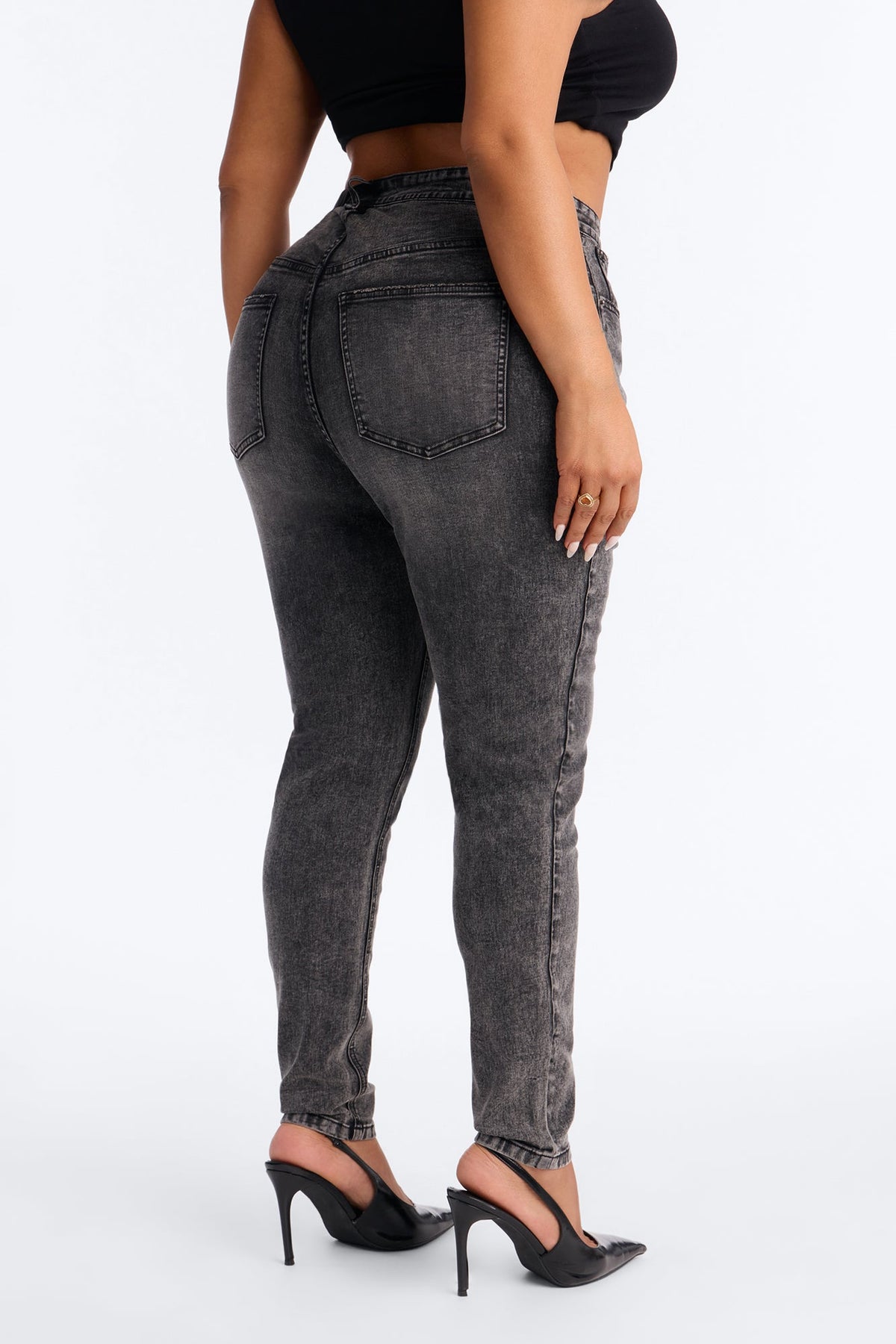 Yulia Foldover Waistband Stretch High Rise Skinny Jeans - Black Wash