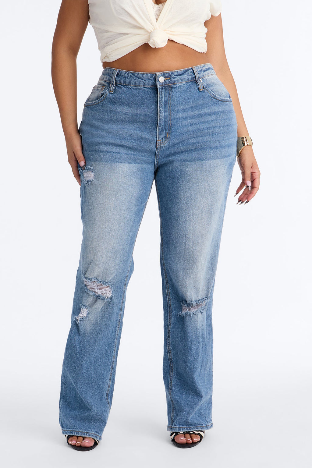 Classic Boyfriend 90s Ripped High Rise Straight Leg Jeans - Medium Wash