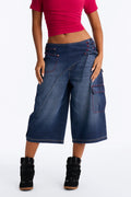 Left Unsaid Cargo Lace Up Overlay Culotte Jeans - Dark Wash