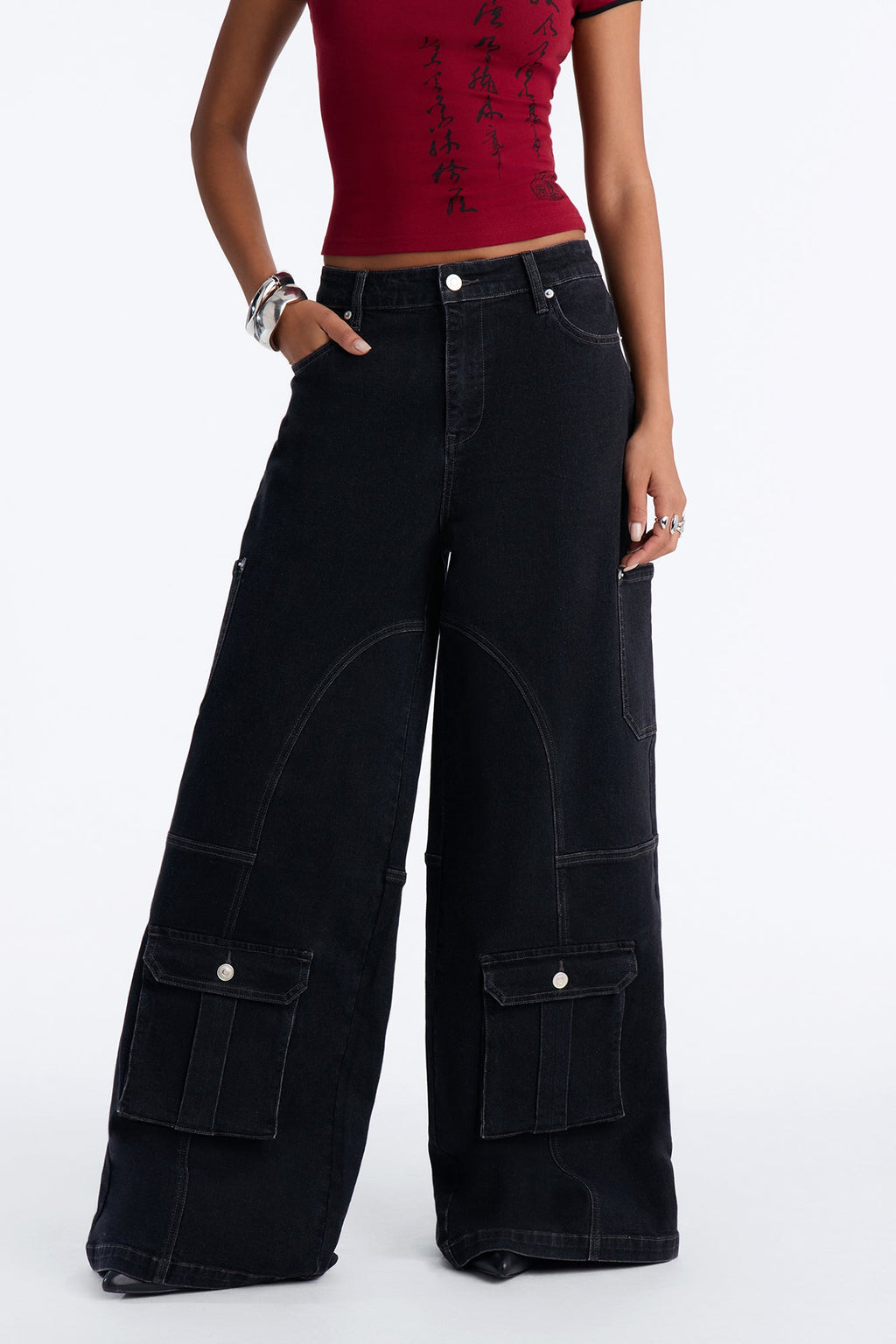 Hayley High Rise Stretch Cargo Wide Leg Jeans - Black