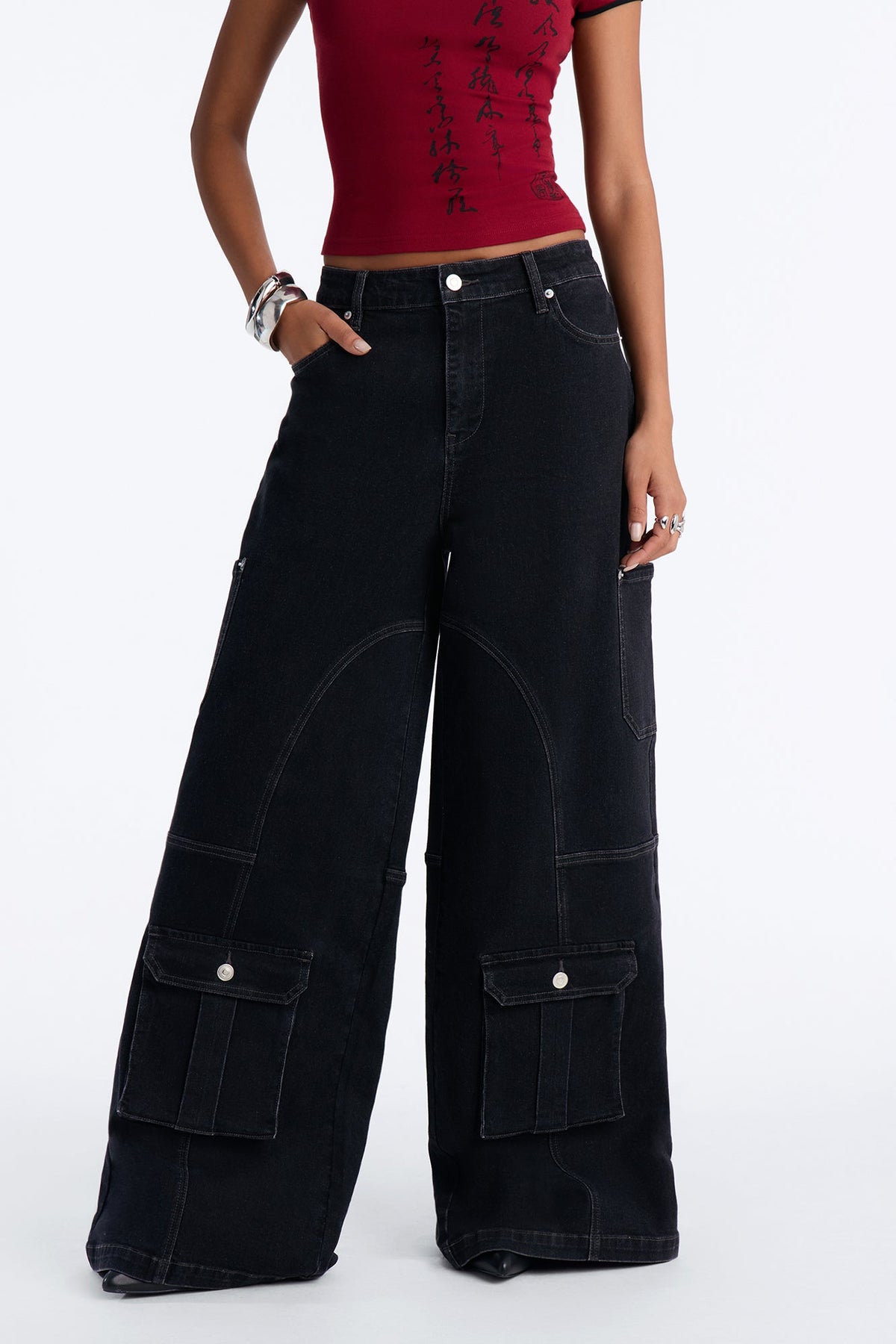 Hayley High Rise Stretch Cargo Wide Leg Jeans - Black
