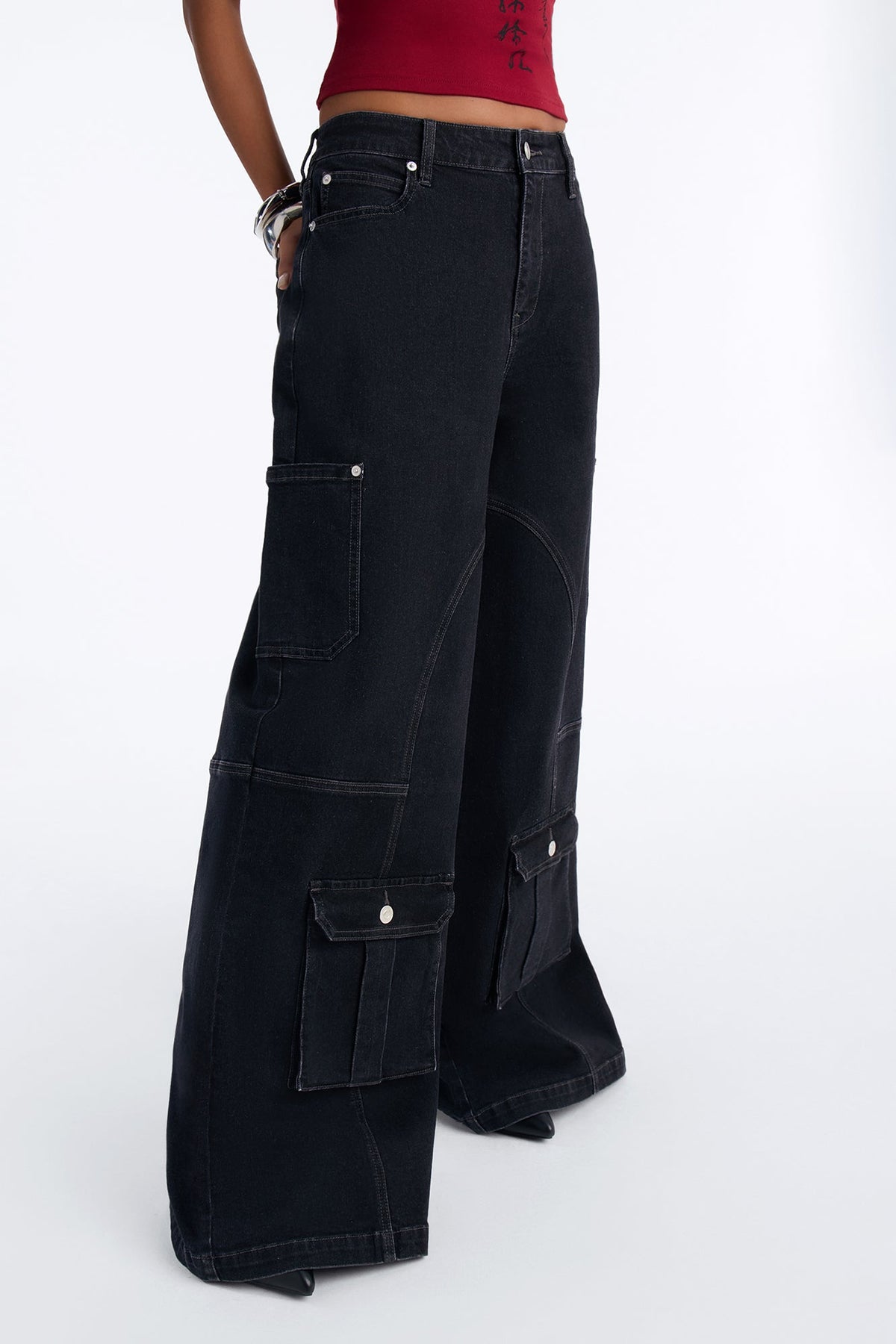 Hayley High Rise Stretch Cargo Wide Leg Jeans - Black