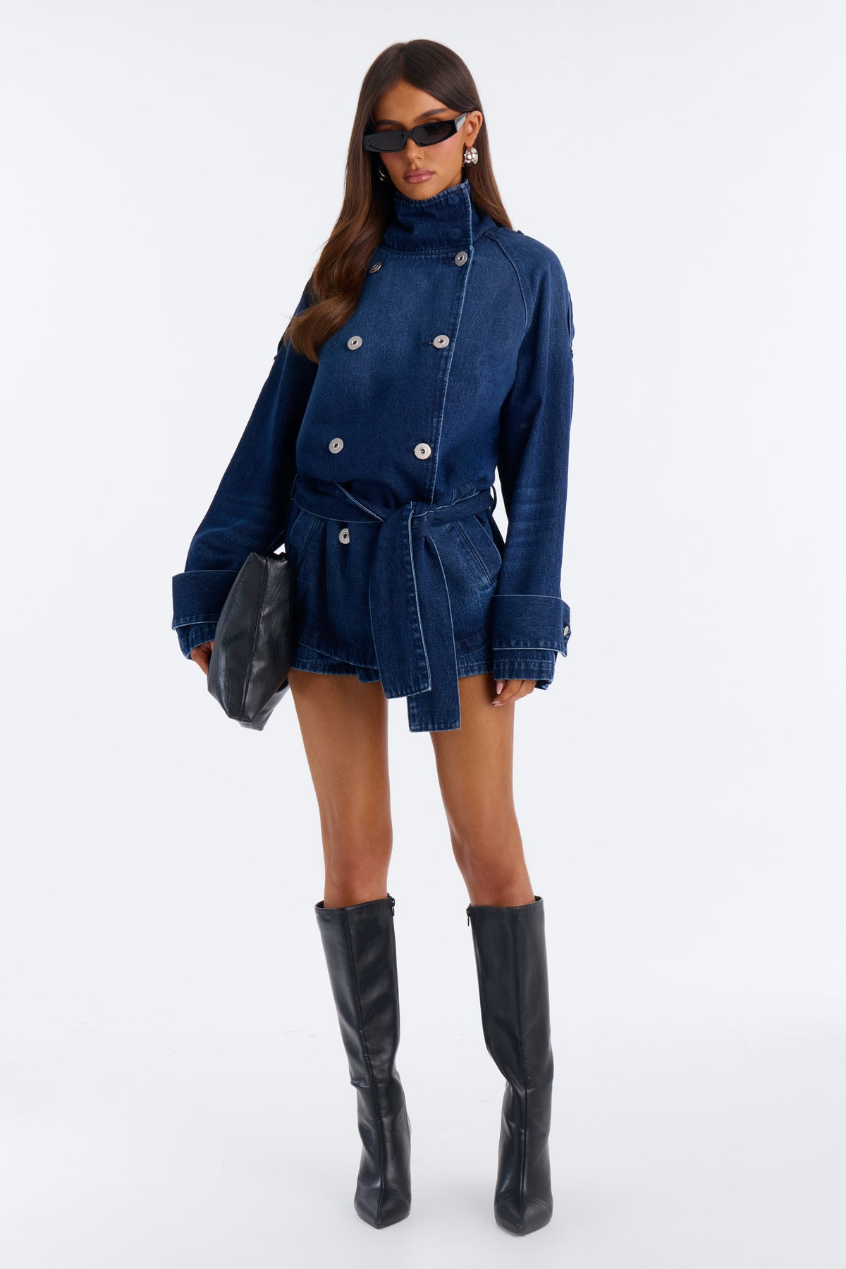 Daisy Doll Belted Denim Short Set - Dark Denim