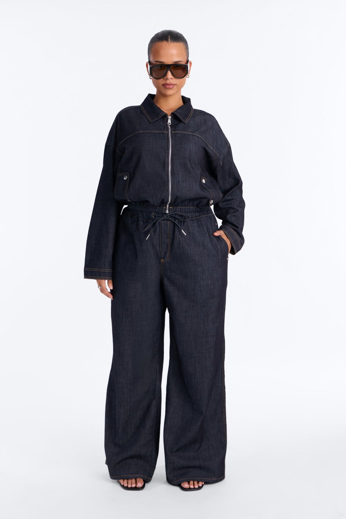 Manuela Tie Waist Denim Pant Set - Dark Wash