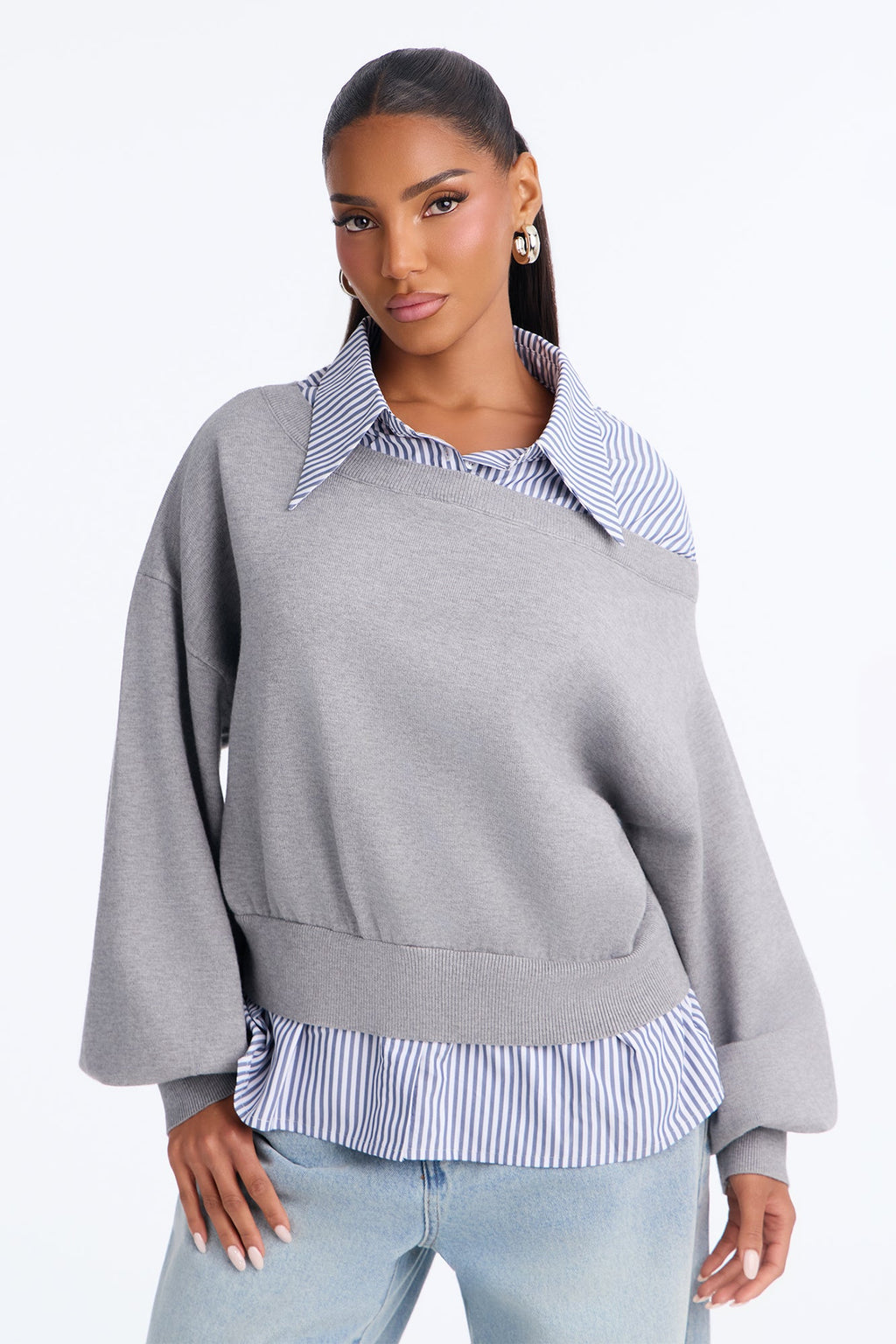 Coffee Break Striped Contrast Pullover Sweater - Grey/combo