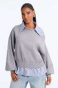 Coffee Break Striped Contrast Pullover Sweater - Grey/combo