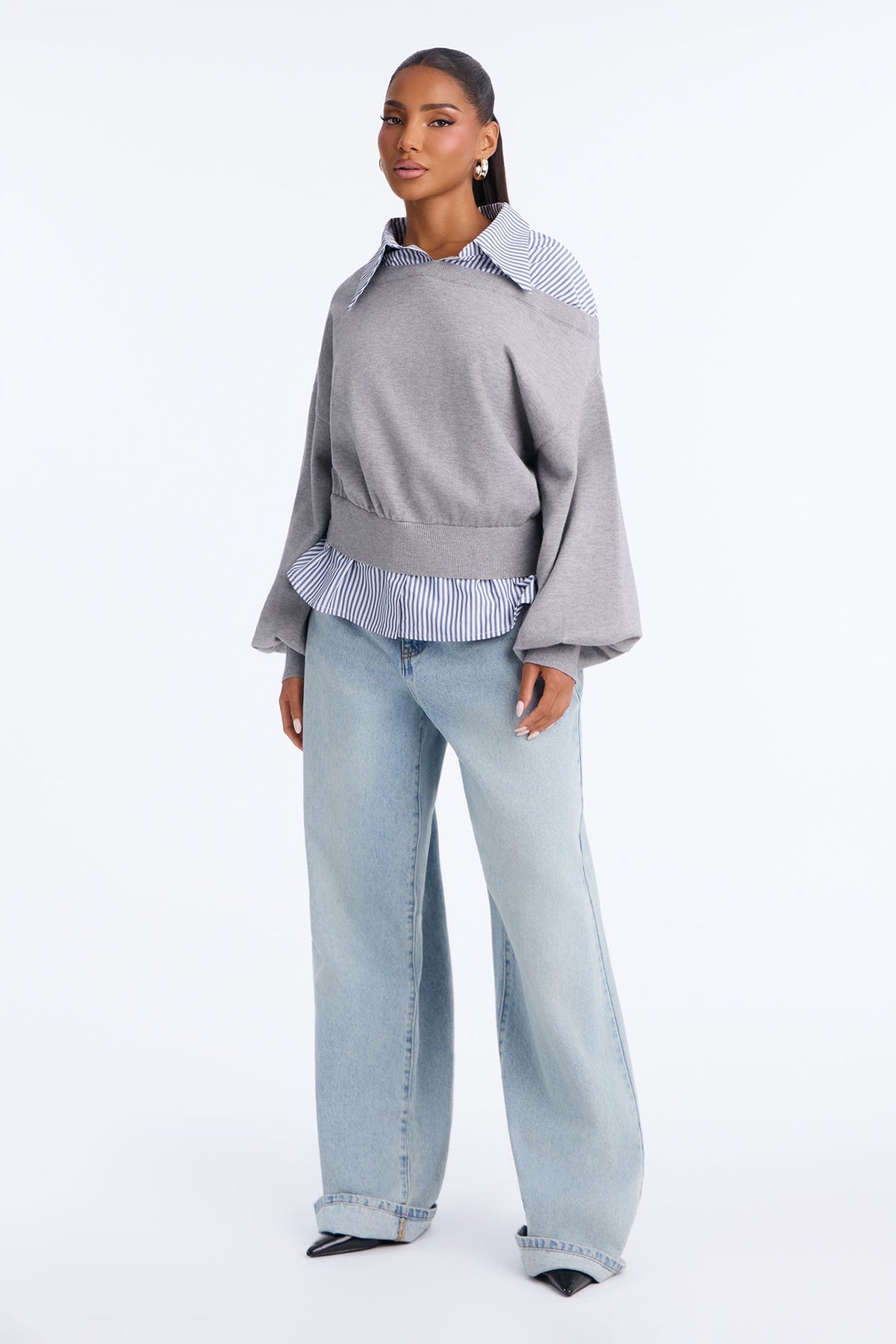 Coffee Break Striped Contrast Pullover Sweater - Grey/combo