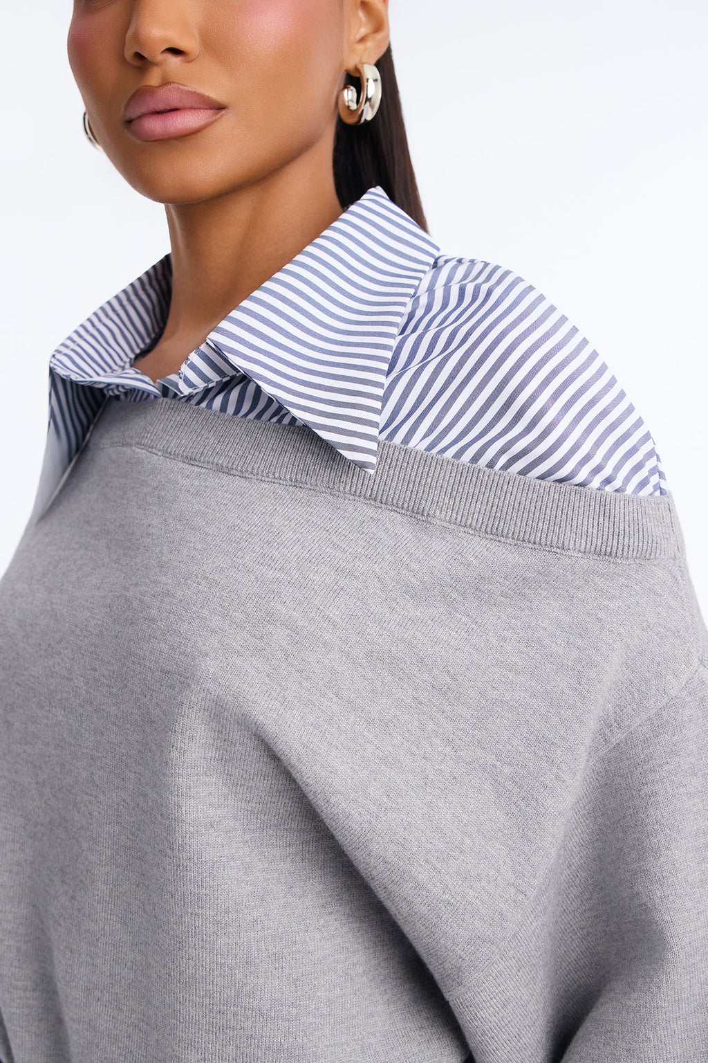 Coffee Break Striped Contrast Pullover Sweater - Grey/combo