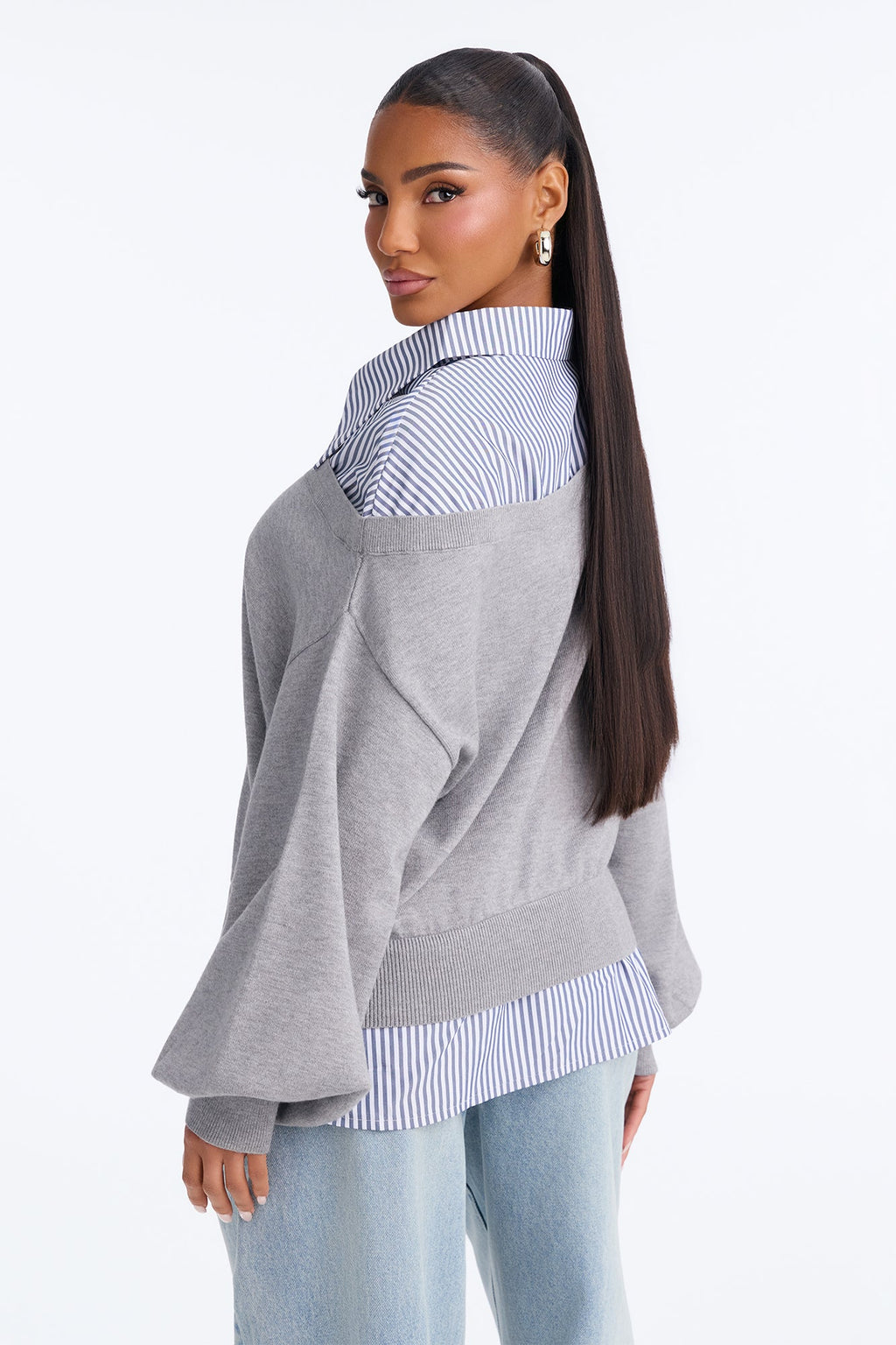 Coffee Break Striped Contrast Pullover Sweater - Grey/combo