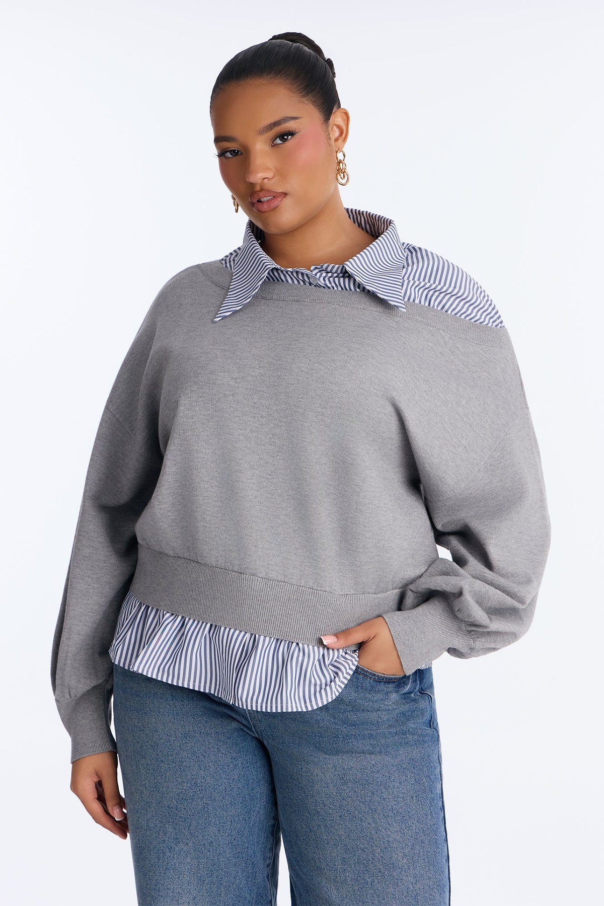 Coffee Break Striped Contrast Pullover Sweater - Grey/combo