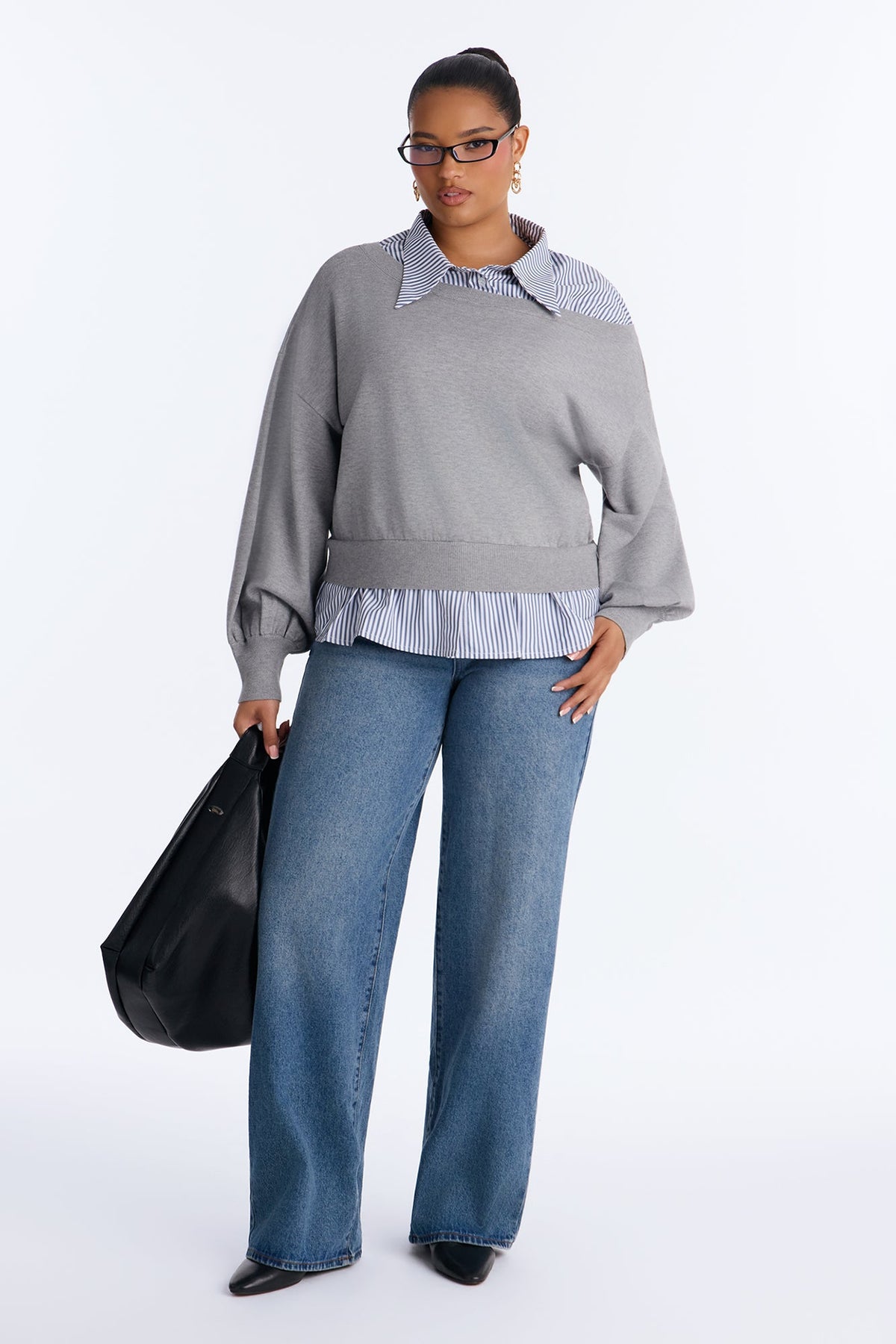 Coffee Break Striped Contrast Pullover Sweater - Grey/combo